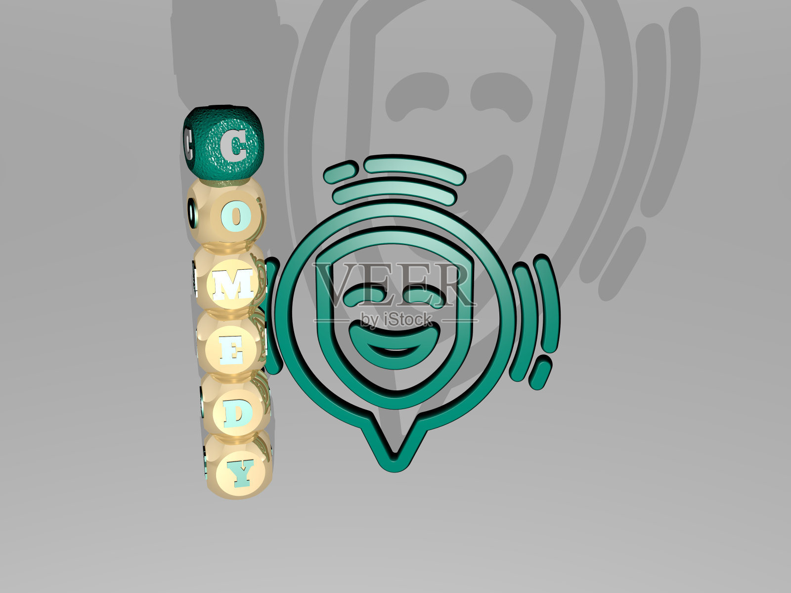 3D表现的喜剧与图标在墙上和文本安排由金属立方体字母在镜子地板上的概念含义和幻灯片演示。插图和背景照片摄影图片