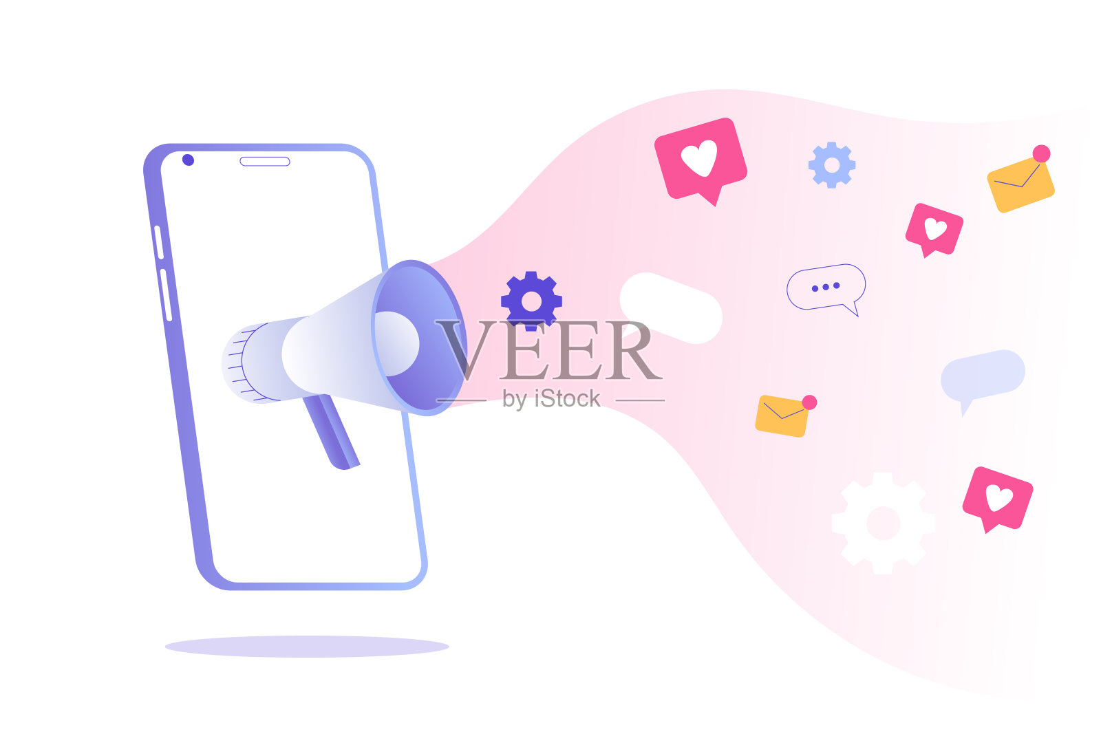 数字营销的概念。智能手机屏幕上带有图标的扩音器。在线社交媒体，营销策略。推荐朋友做广告。孤立的现代平面矢量插图插画图片素材