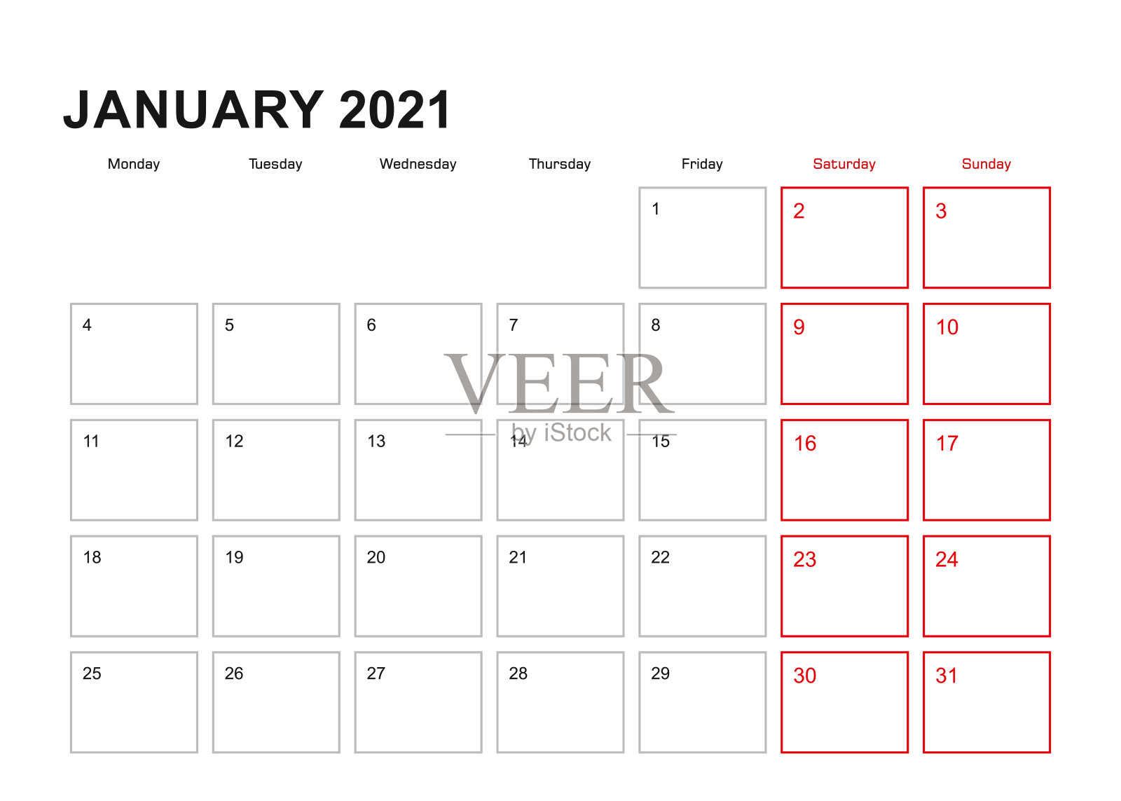 2021年1月的英语记事本，周一开始。设计模板素材
