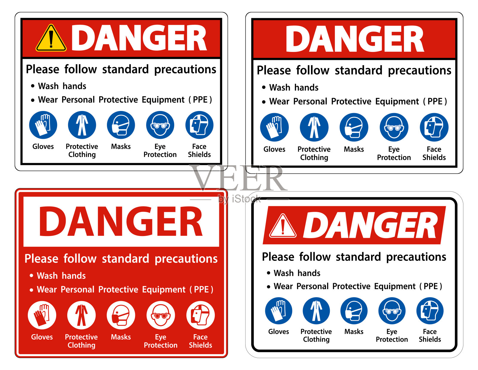 请按照标准注意事项，洗手，穿戴个人防护用品，PPE，手套防护服，口罩，眼罩，面罩插画图片素材