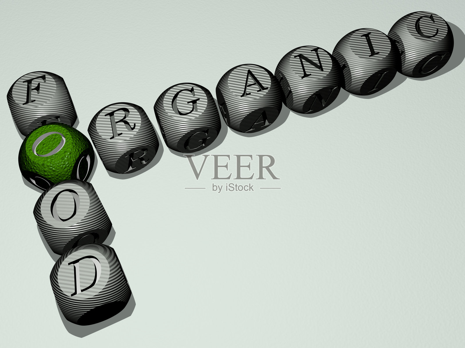 有机食品的填字游戏，由立方体字母排列在镜子地板上，概念含义和呈现。背景和插图。三维演示照片摄影图片