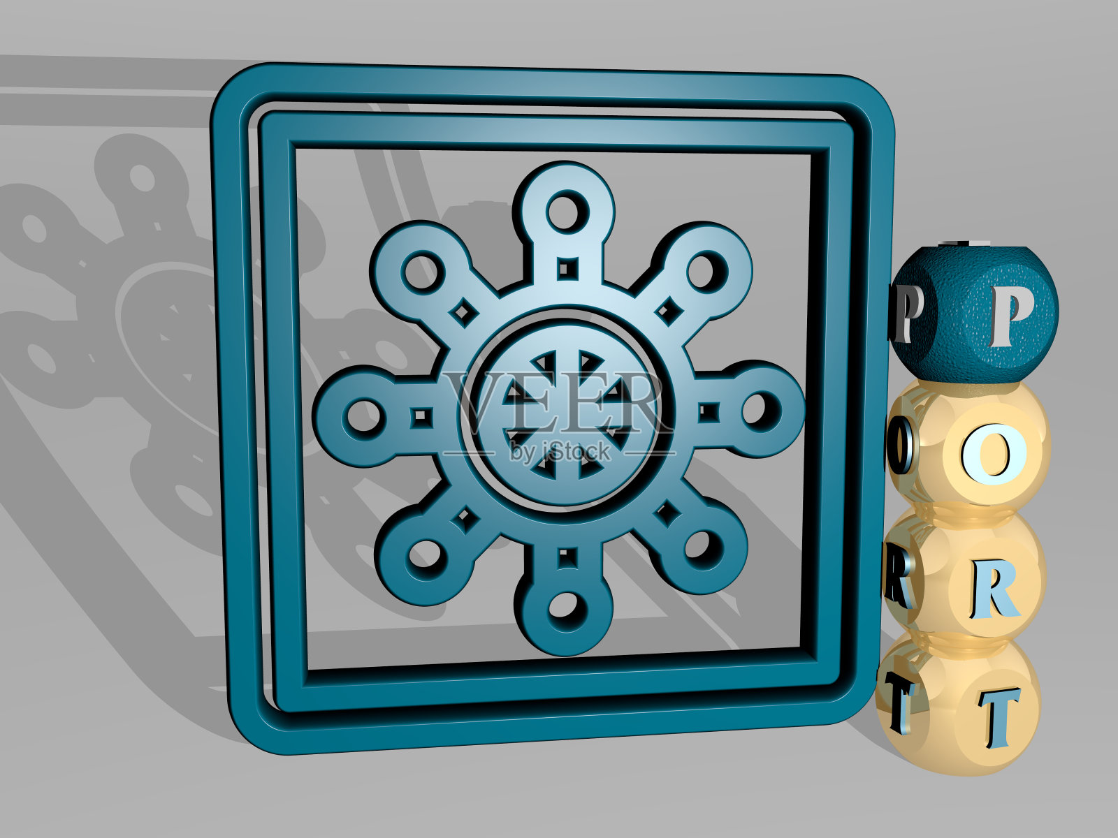 PORT垂直的3D图形图像，以及由顶部视角的金属立方体字母围绕图标构建的文本。非常适合概念演示和幻灯片展示。城市和船照片摄影图片