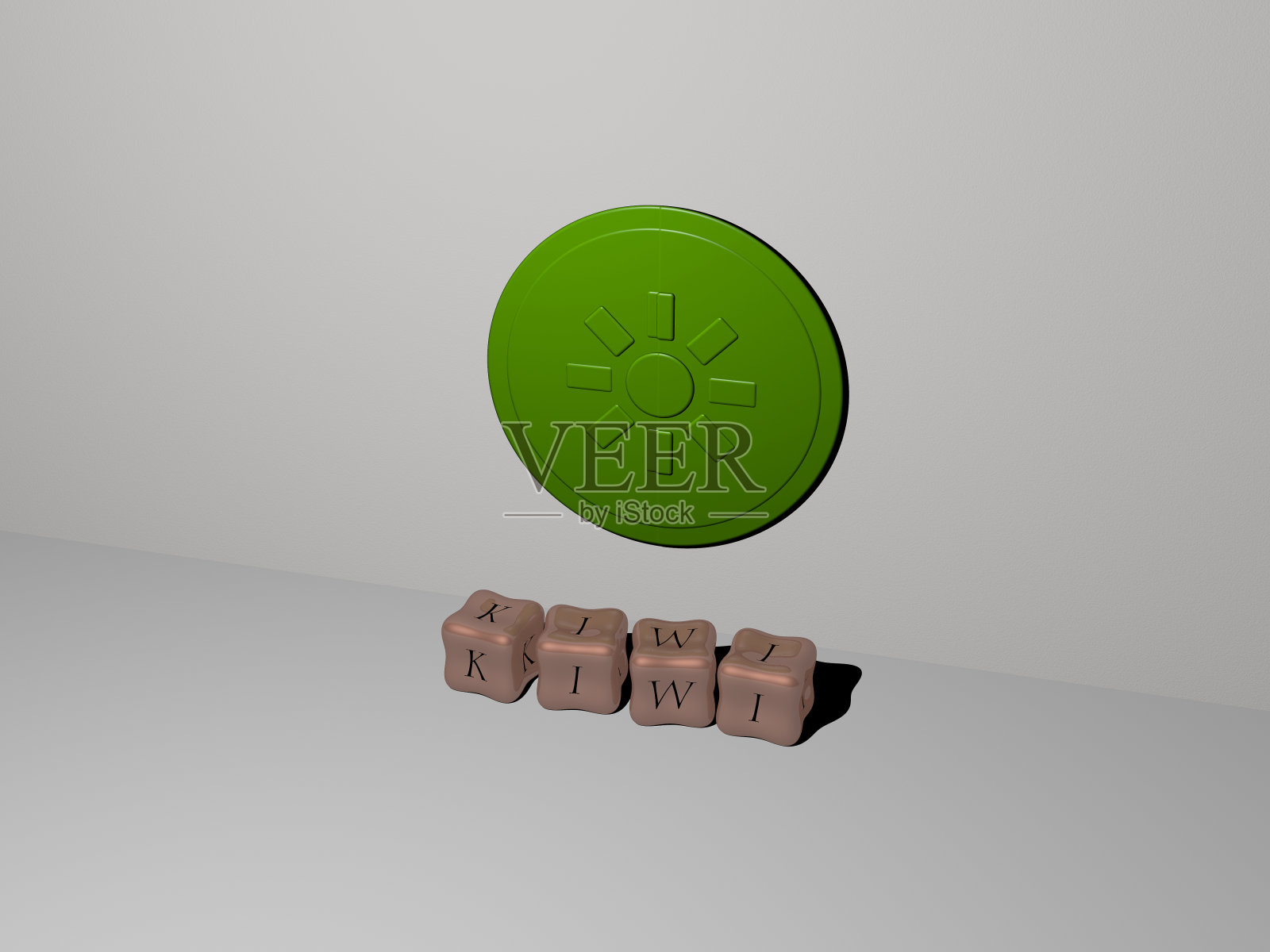 3维猕猴桃与图标在墙上和文本安排由金属立方体字母在镜子地板上的概念含义和幻灯片演示。背景和水果照片摄影图片