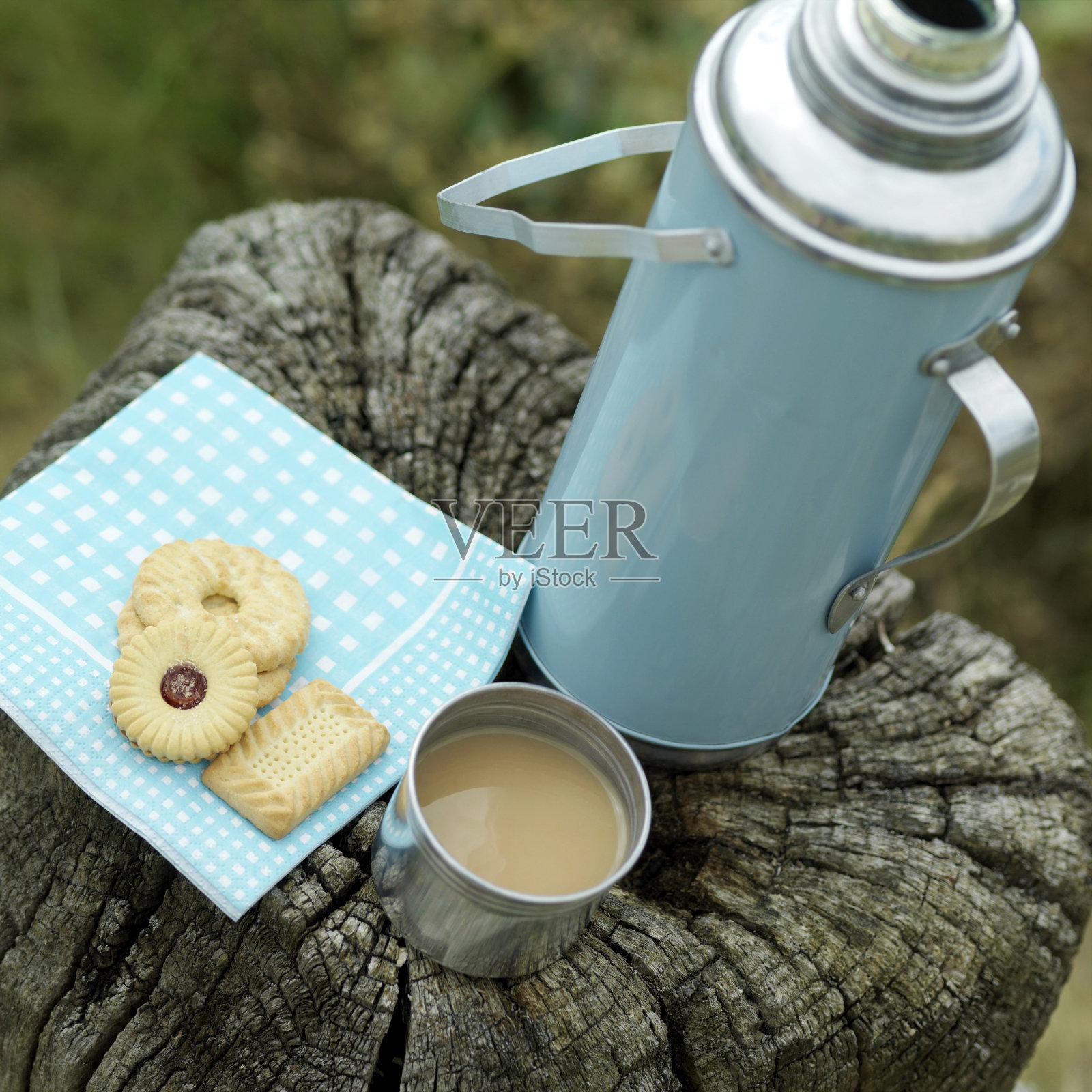 保温瓶和树桩上的饼干照片摄影图片