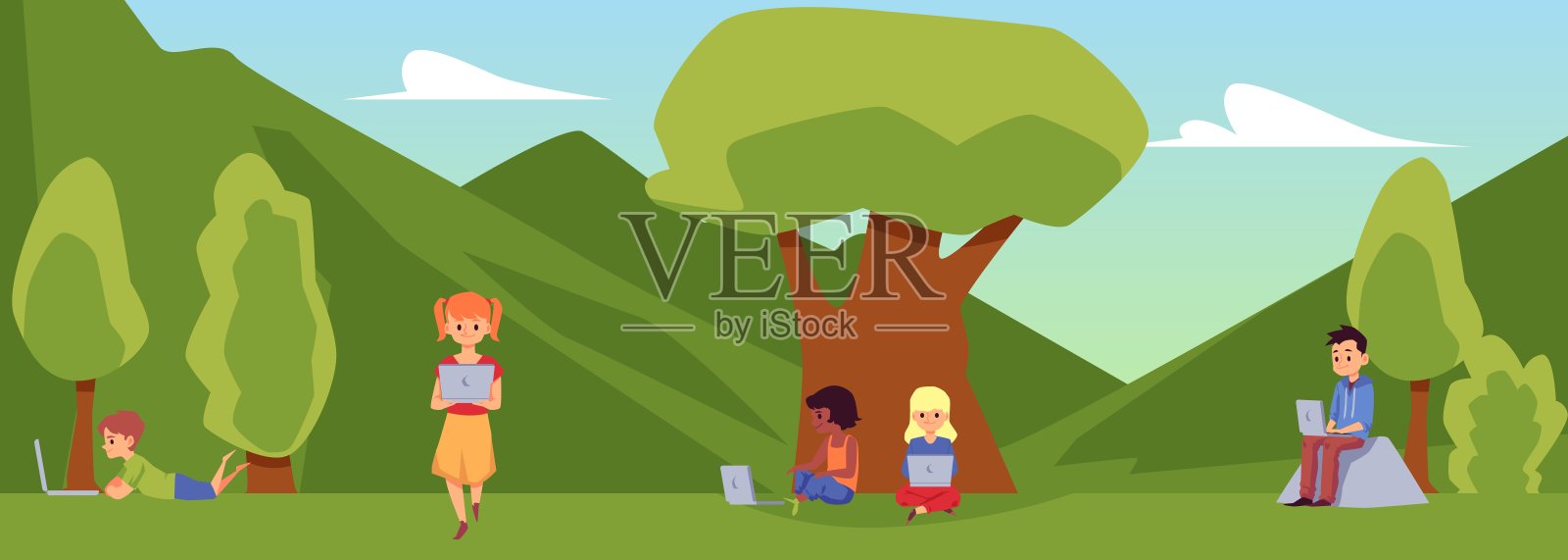 儿童使用笔记本电脑在公园或学校后院的平面矢量插图。插画图片素材