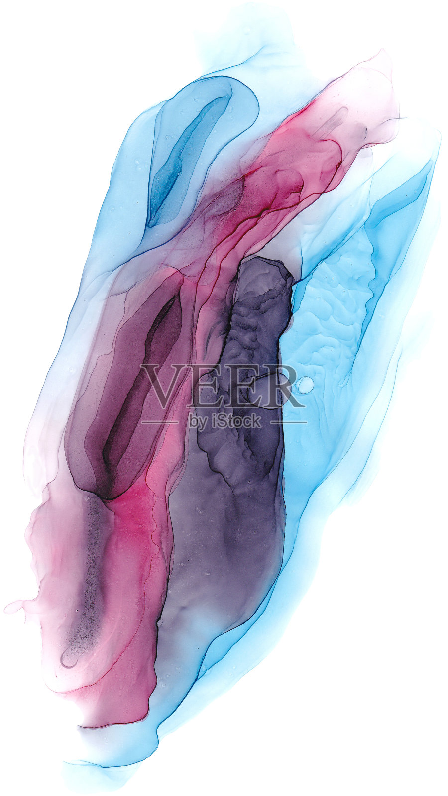 抽象的背景纹理与酒精墨水斑点隔离在白色上。水彩点烟背景。五颜六色的污渍，飞溅，液滴，垃圾摇滚风格的污迹。紫色，蓝色和黑色照片摄影图片