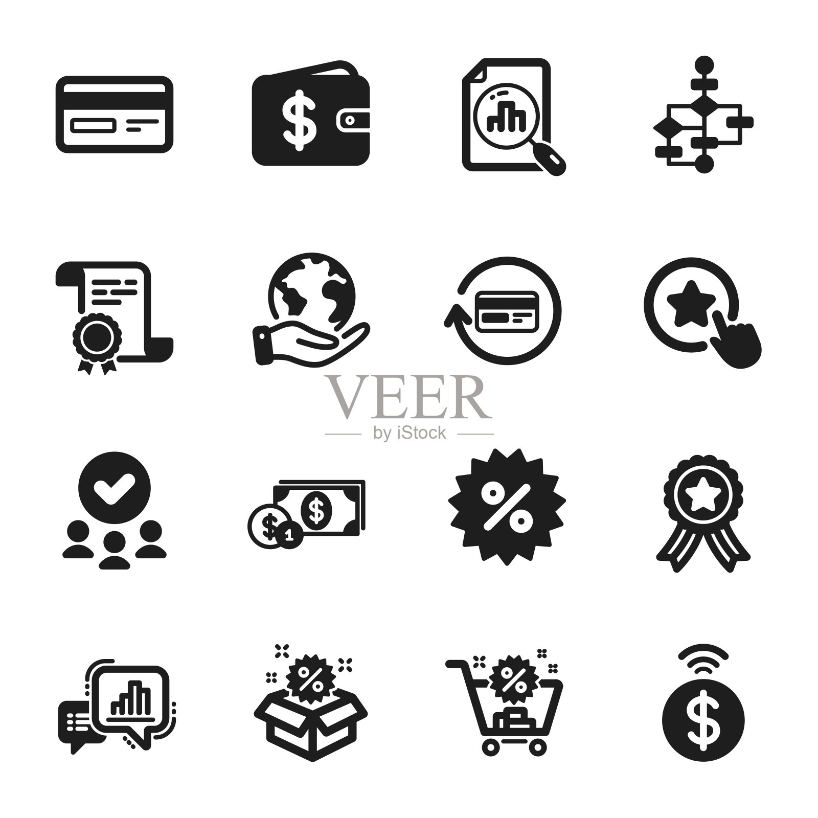 一套金融图标，如销售，美元钱包，分析图表。向量图标素材