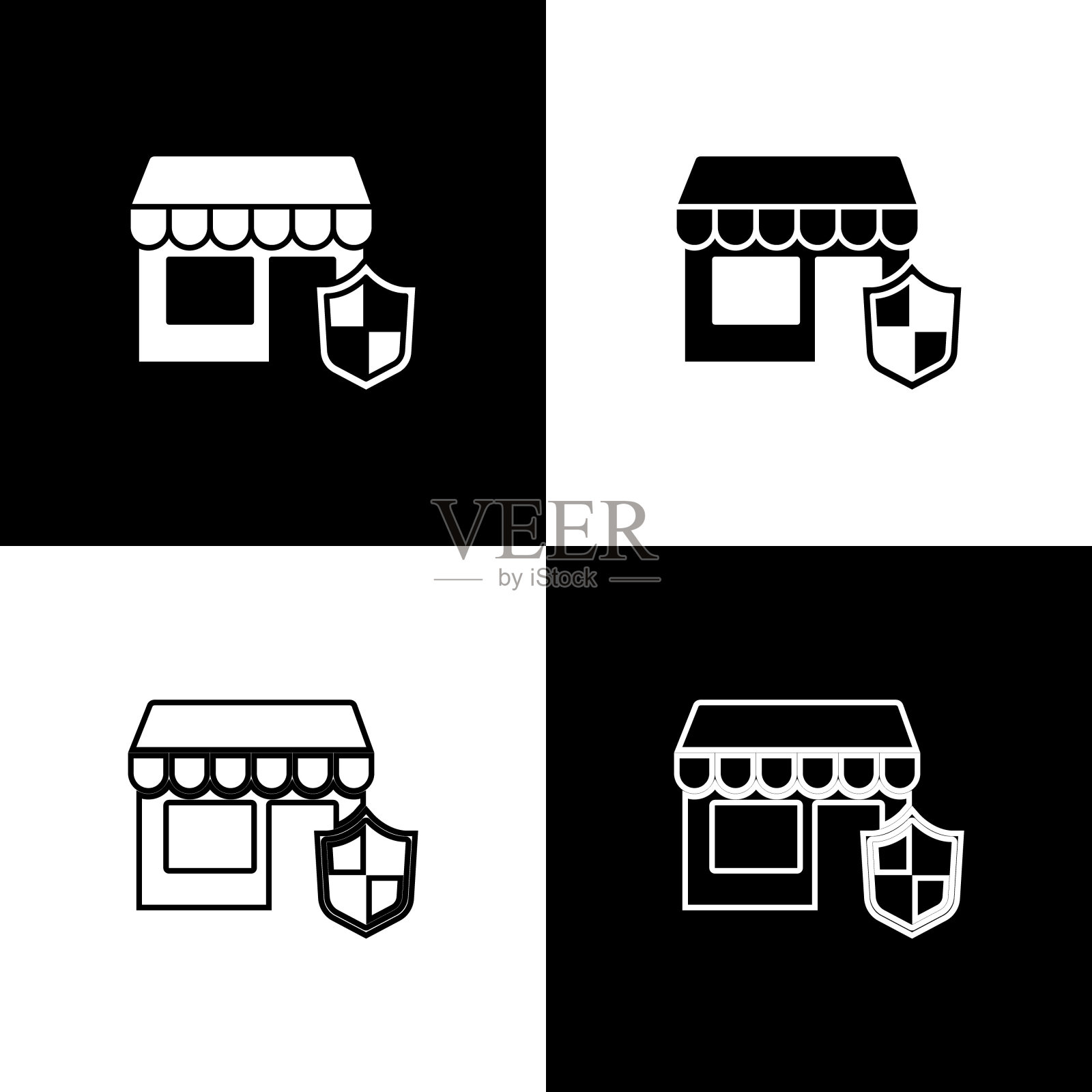 设置购物建筑与盾牌图标隔离在黑白背景。保险的概念。安全、安全、保护、保护理念。向量图标素材