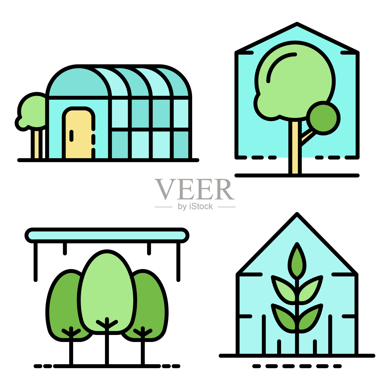 温室图标设置线颜色矢量，轮廓样式插画图片素材