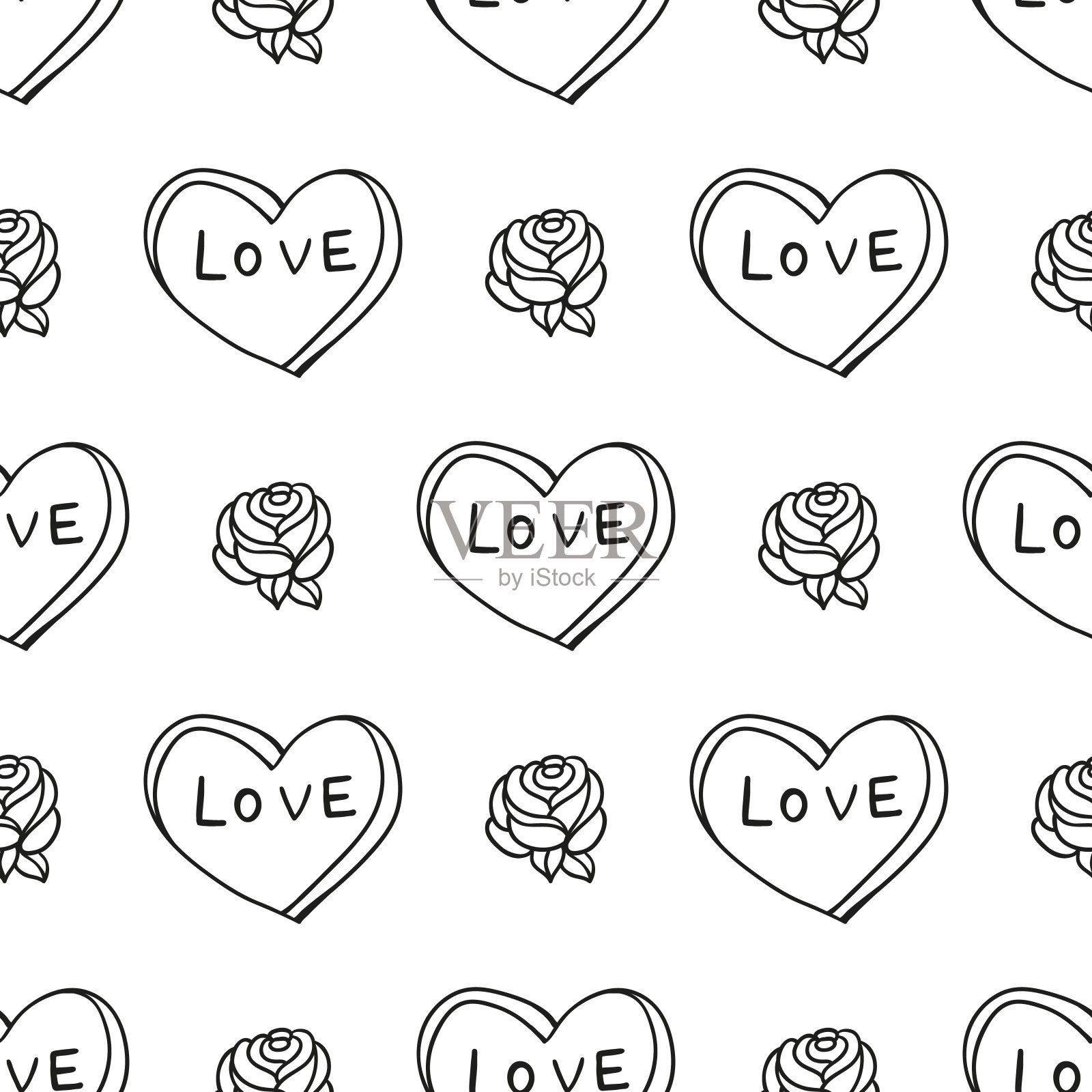 爱玫瑰轮廓。矢量无缝模式与书法手绘文本。适合包装纸，婚礼卡，生日邀请，图案填充，墙纸插画图片素材