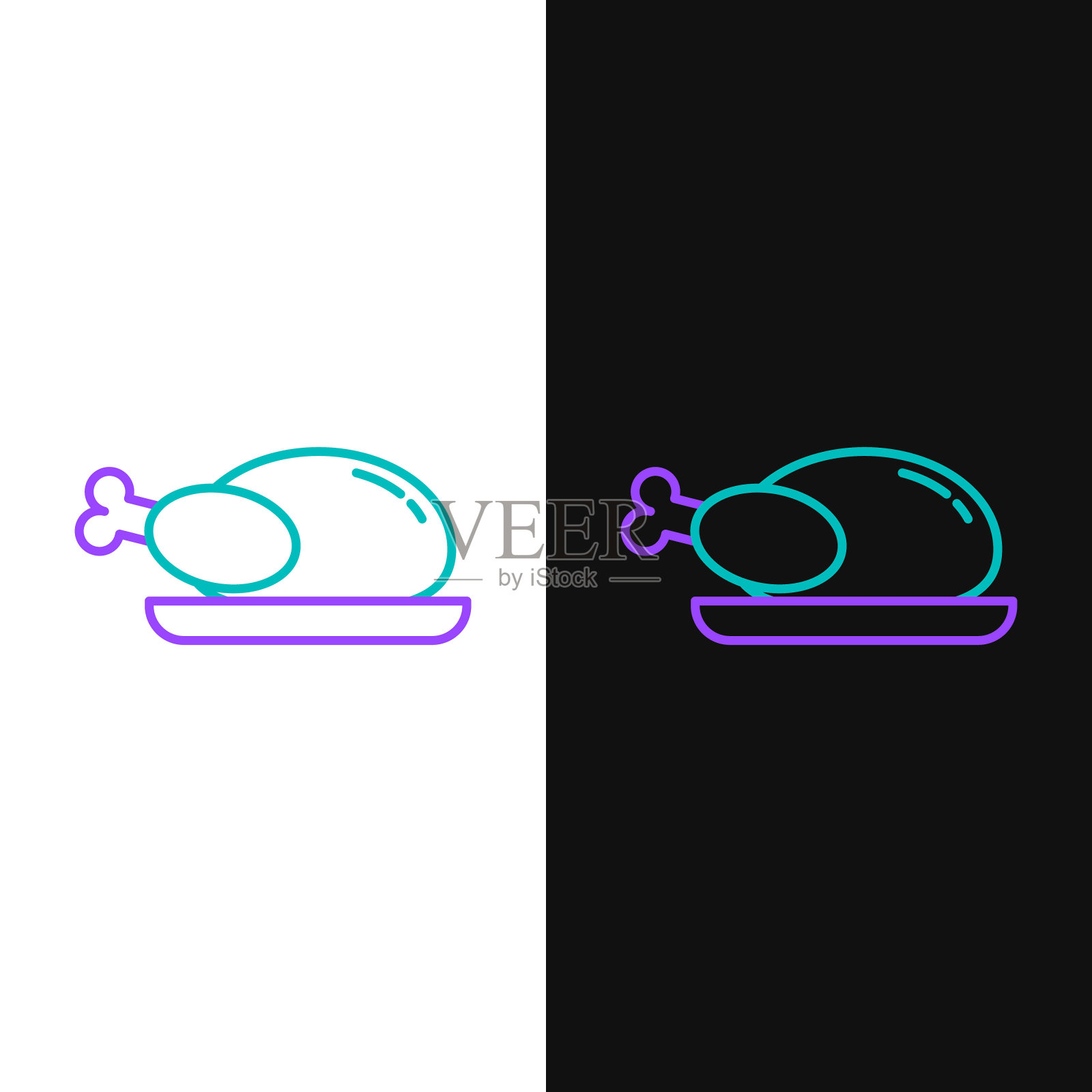 线烤火鸡或鸡图标孤立在白色和黑色的背景。彩色轮廓概念。向量插画图片素材