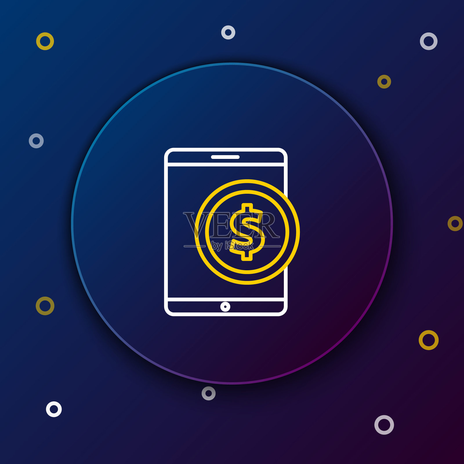 线平板电脑与美元符号图标孤立在蓝色背景。网上购物的概念。金融的手机。在线支付。色彩斑斓的轮廓的概念。向量插画图片素材