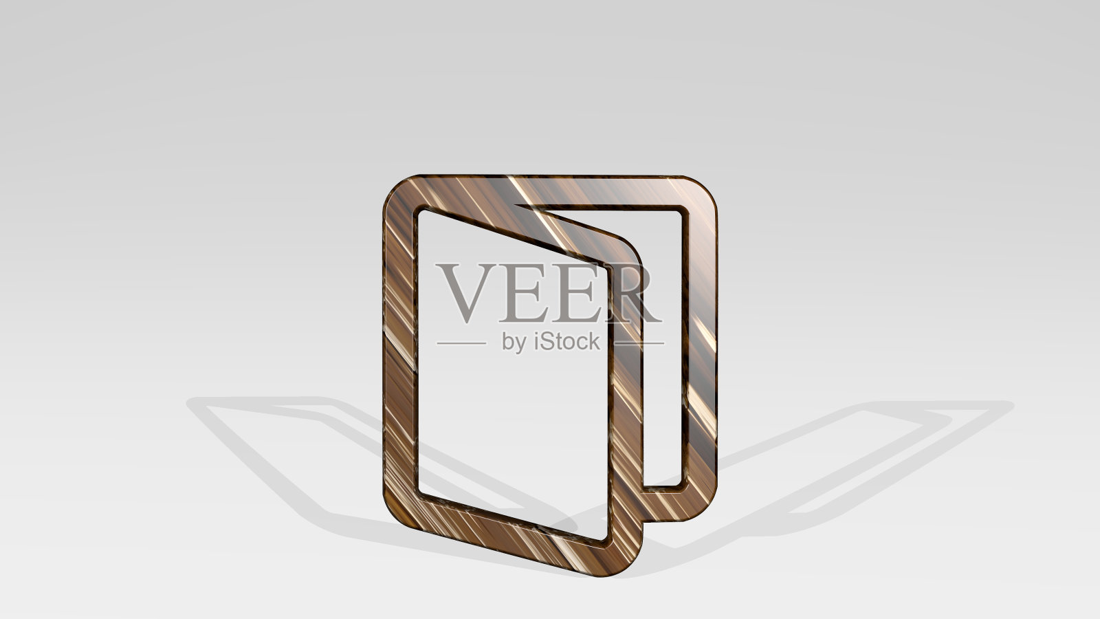 书的书页由一个闪亮的金属雕塑在灯光背景上投射阴影的3D插图。设计和抽象照片摄影图片