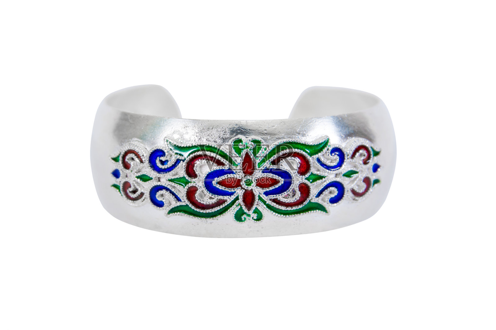 彩色银手镯孤立在白色背景。彩釉手链孤立花图案照片摄影图片