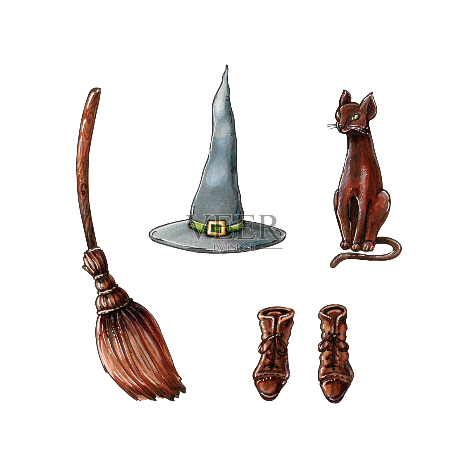 万圣节套装巫婆的帽子，扫帚，鞋子和猫插画图片素材