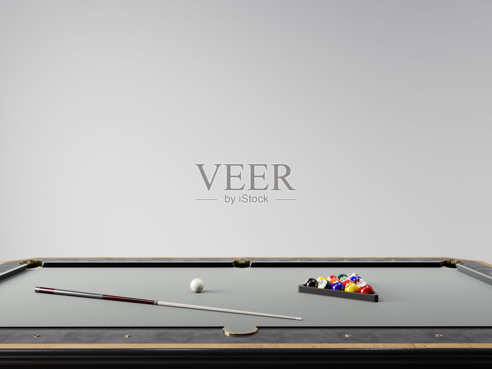 在空白的白色模型墙前的台球桌上的球杆和球，3D插图背景概念照片摄影图片