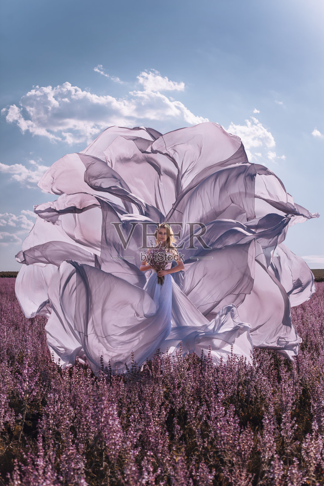 美丽的女人在粉红色的田野照片摄影图片