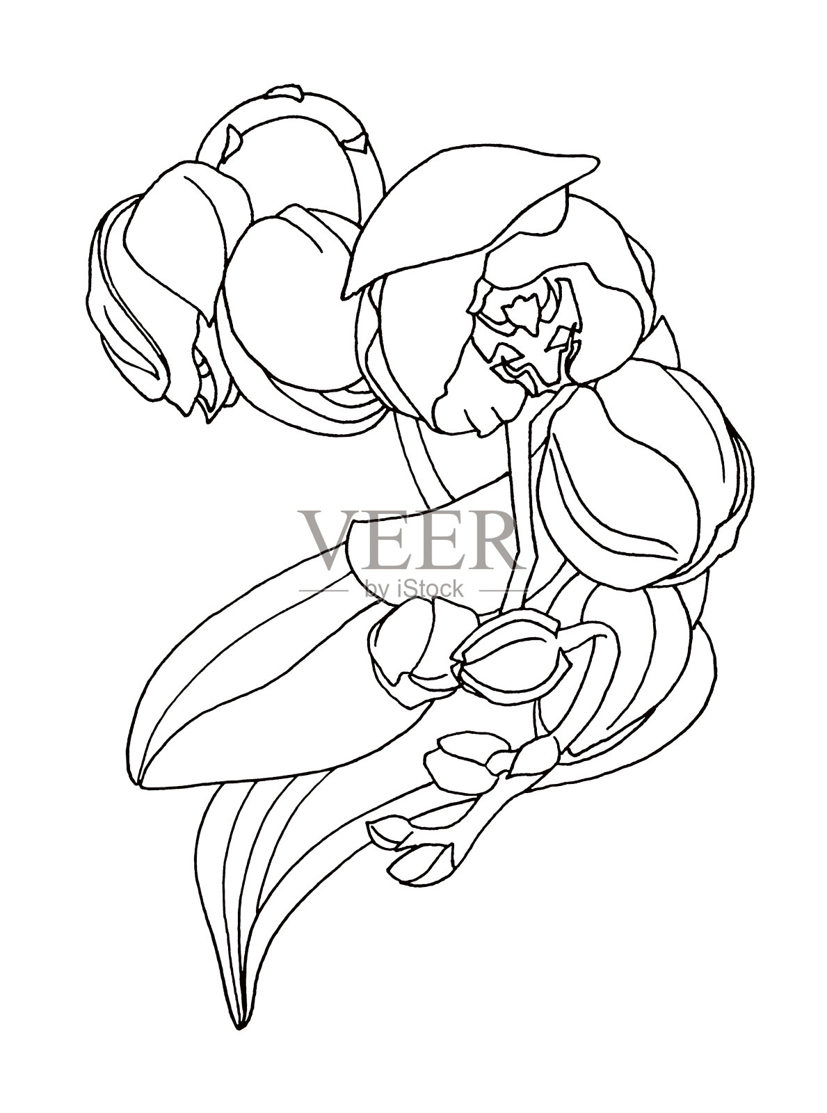 手绘线艺术黑色马克笔兰花花孤立在白色背景