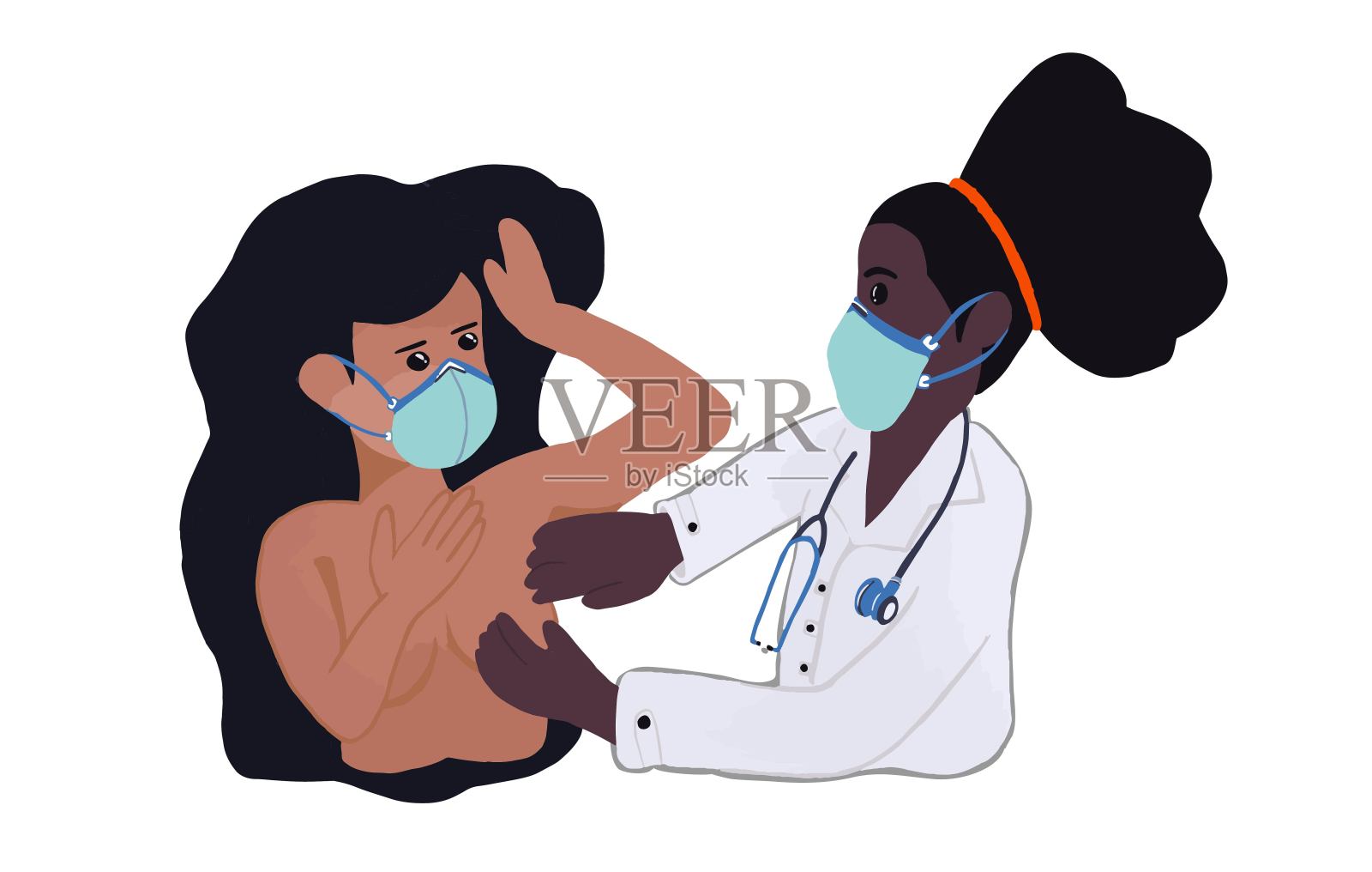 女医生给一名女性做乳房检查，两人都戴着防护口罩插画图片素材
