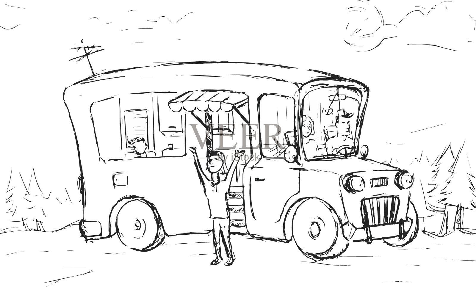 一家人乘巴士周游全国插画图片素材