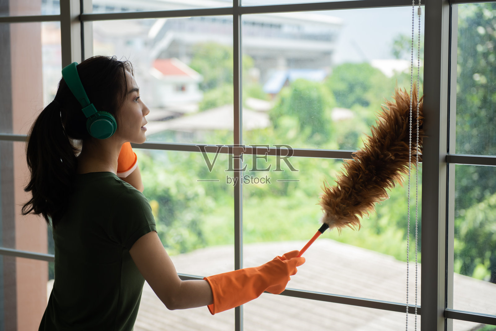 用鸡毛掸子清洁玻璃。照片摄影图片