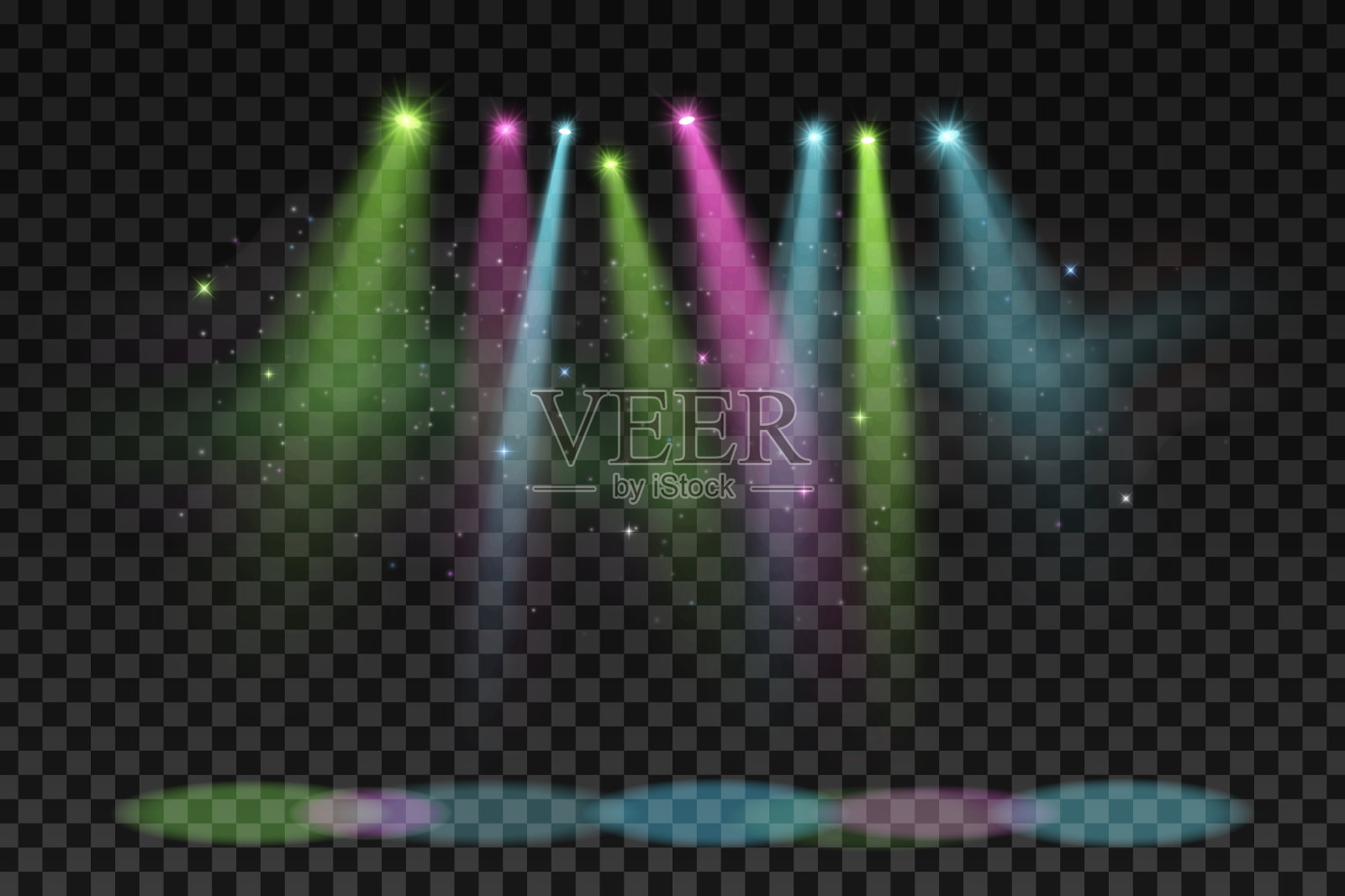 彩色聚光灯为聚会孤立在一个黑暗透明的背景。表演和舞台的元素。节日的背景。晚上迪斯科。矢量插图。设计元素图片