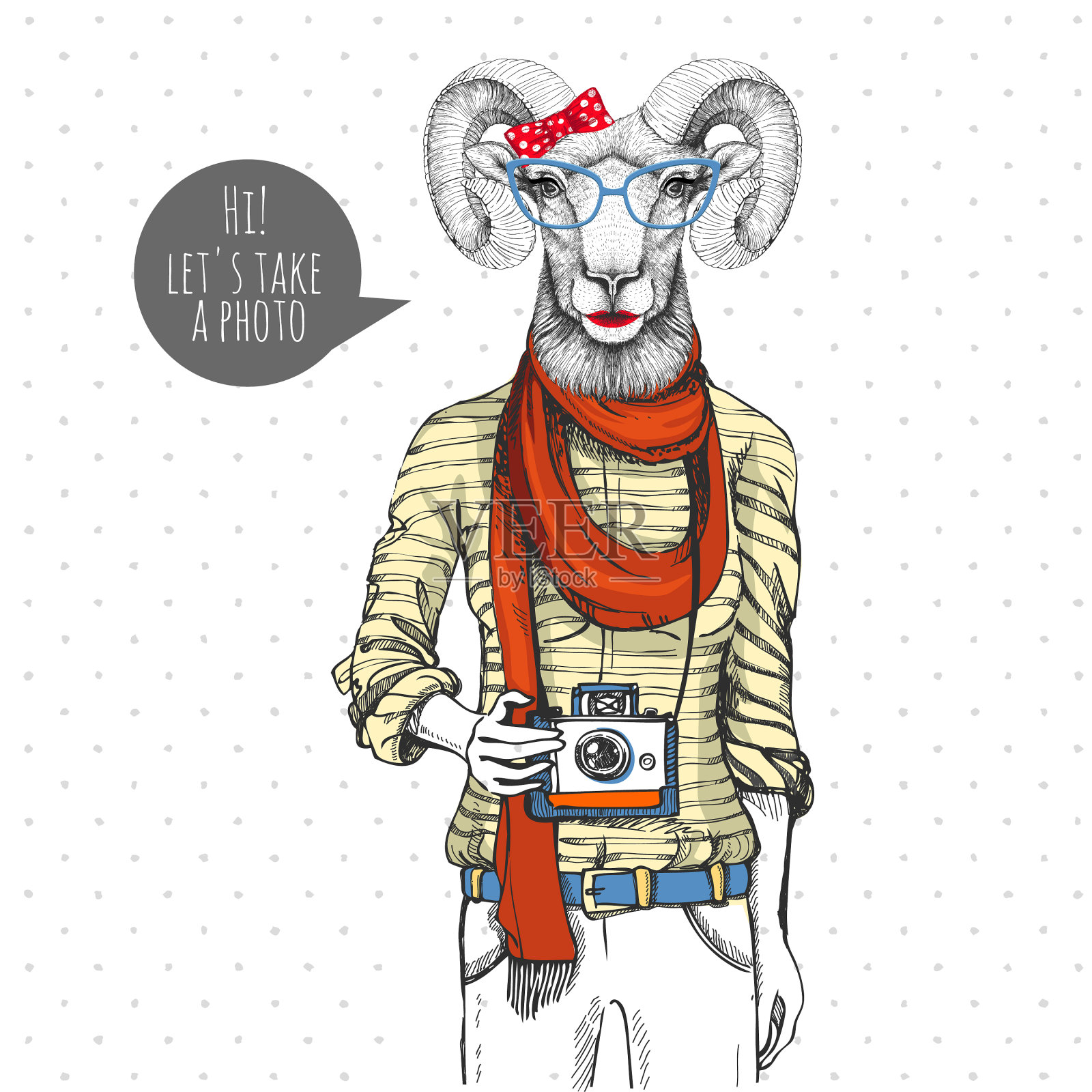 时髦的动物公羊或穆弗隆与相机插画图片素材