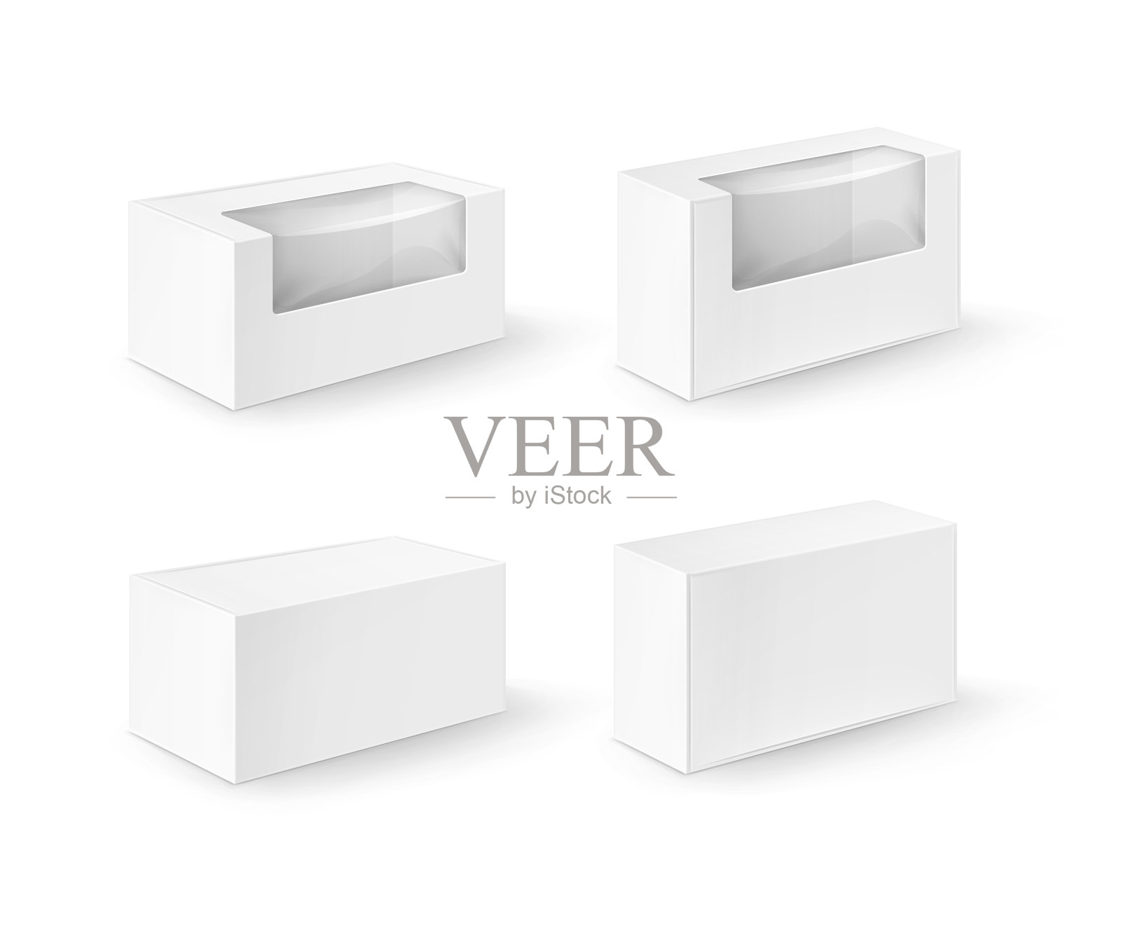 矢量组白色空白纸板矩形带走盒子包装的三明治，食品，礼物，其他产品与塑料窗户模拟近距离隔离在白色背景插画图片素材