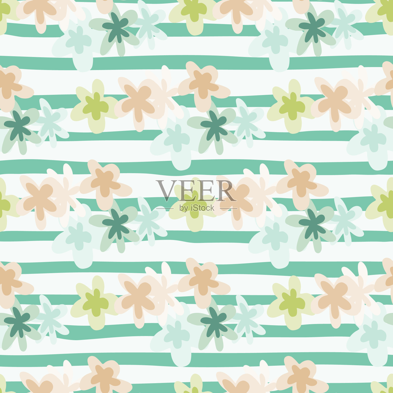 明亮的夏季无缝雏菊图案白色背景和蓝色条。花朵柔和的蓝色，粉红色和黄色调。插画图片素材