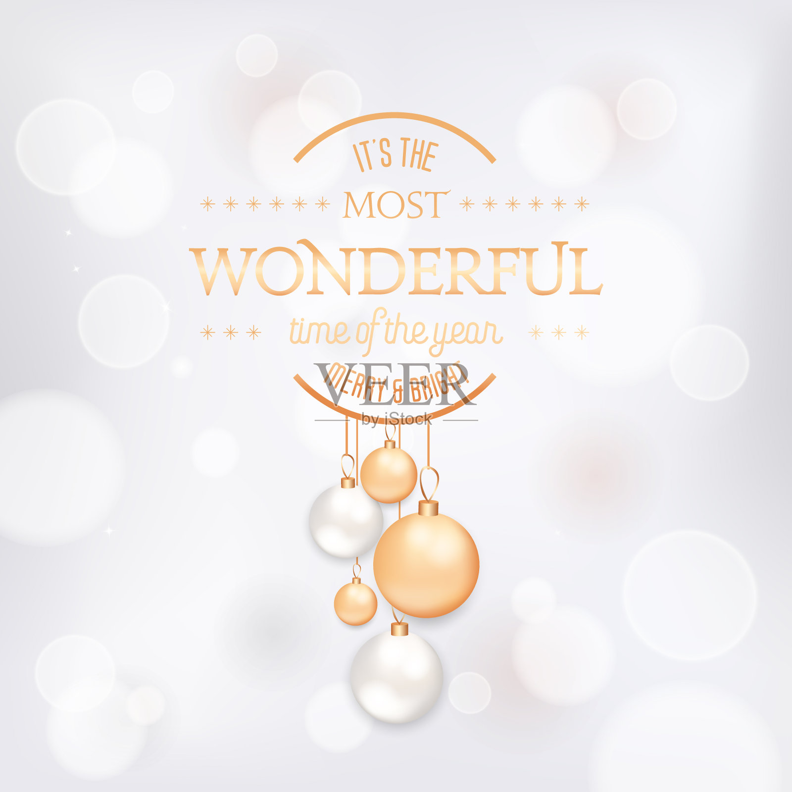 冬季假期优雅的贺卡与圣诞球。模糊背景上的金色节日装饰插画图片素材