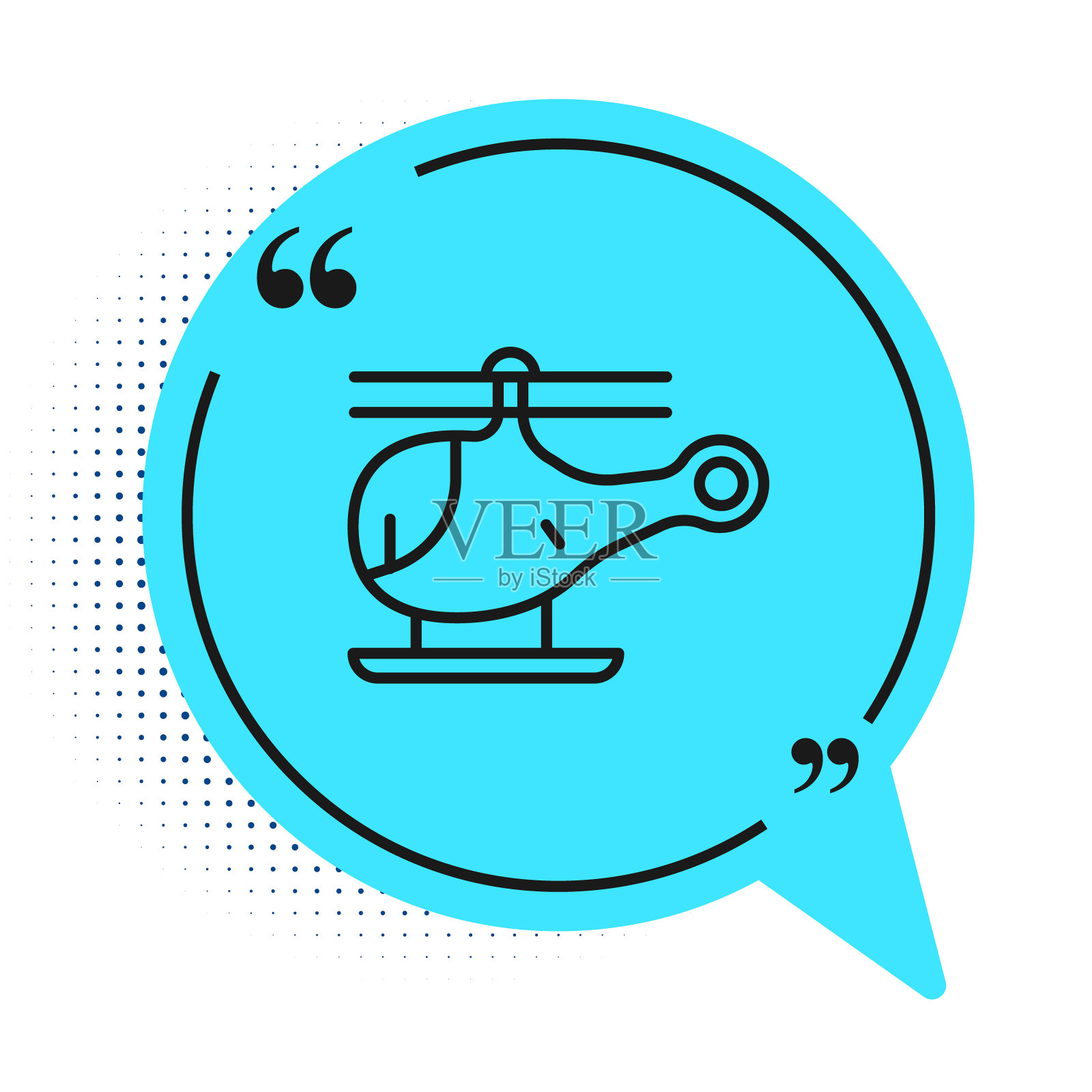 黑线直升机飞行器图标孤立在白色背景上。蓝色语音气泡符号。向量设计元素图片