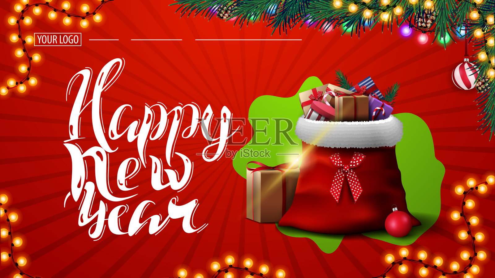 新年快乐，带花环的红色明信片，圣诞树枝和圣诞老人包里的礼物设计模板素材