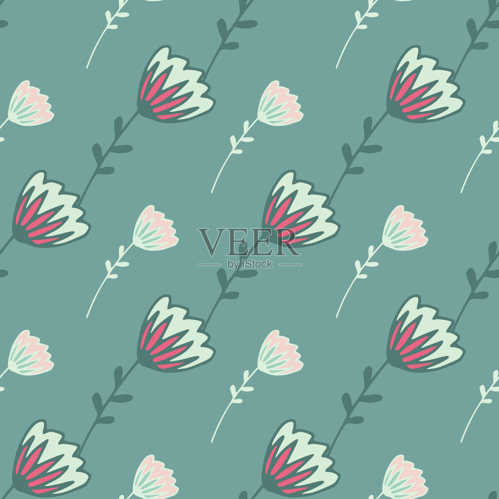 无缝植物图案与轮廓白花和粉色元素。蓝色背景。手绘艺术作品。插画图片素材