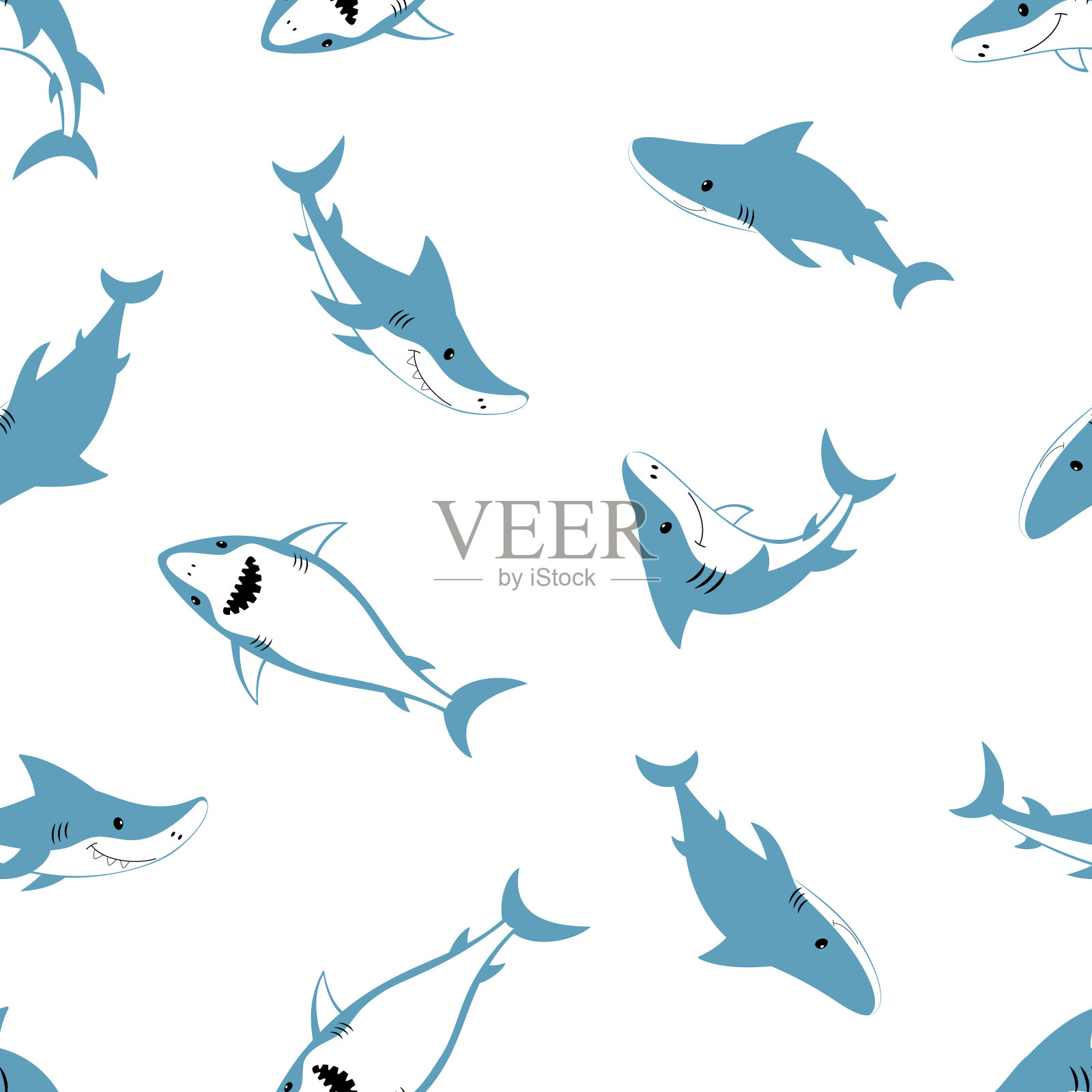 无缝模式可爱不同的鲨鱼孤立插画图片素材