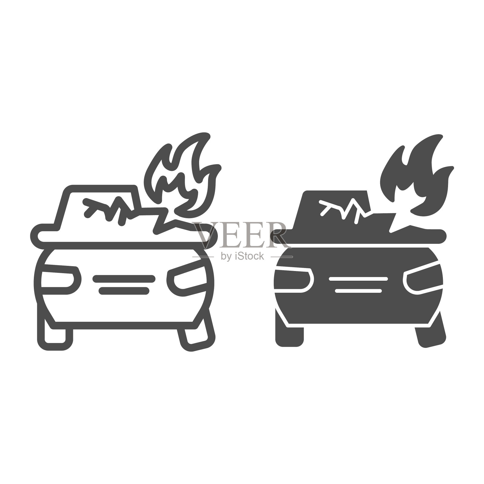 燃烧汽车线和固体图标自动与火插画图片素材