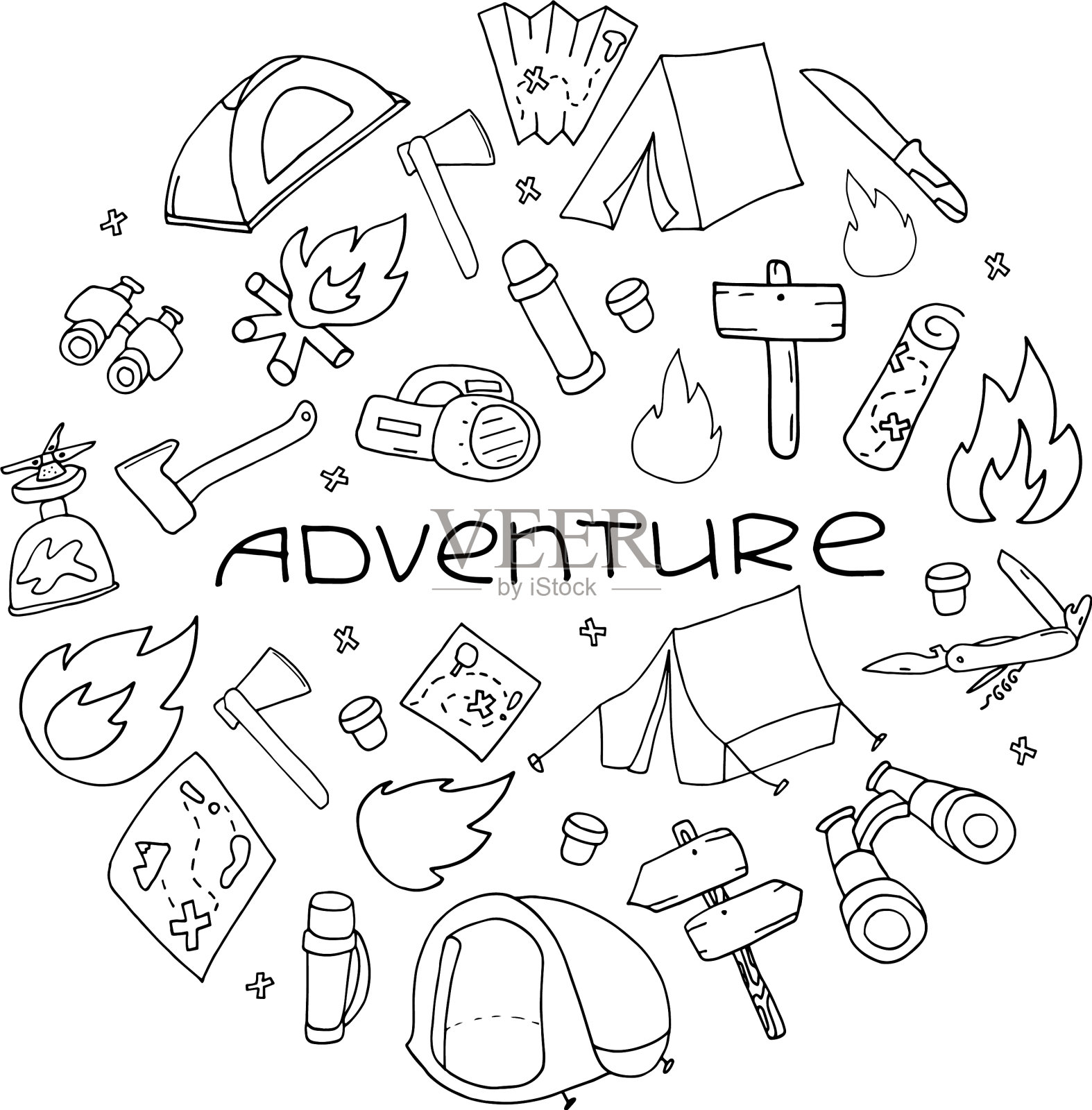 手绘露营和远足元素孤立插画图片素材