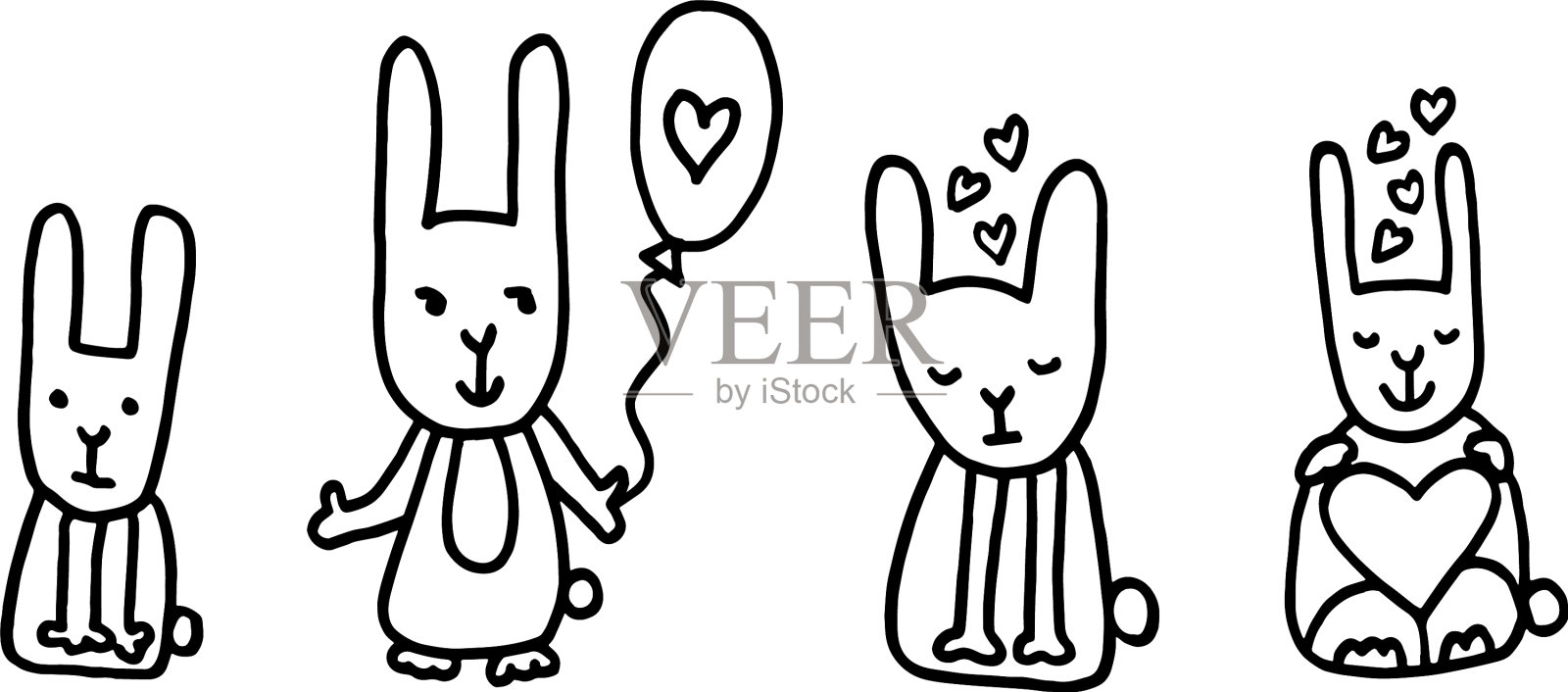 3只不同情绪的兔子的有趣涂鸦插画图片素材