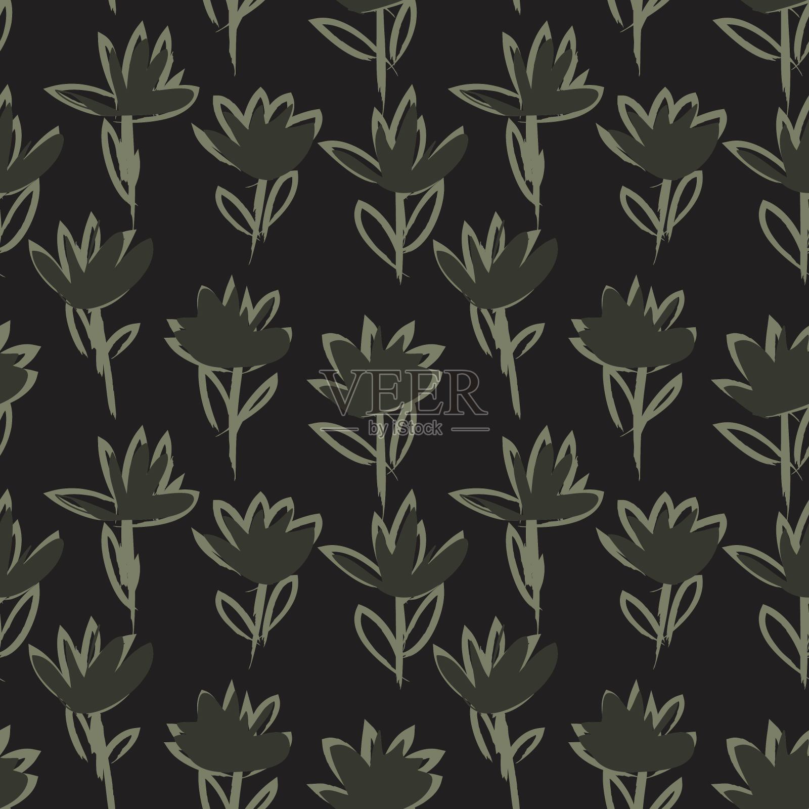 绿色花卉笔触无缝图案背景插画图片素材