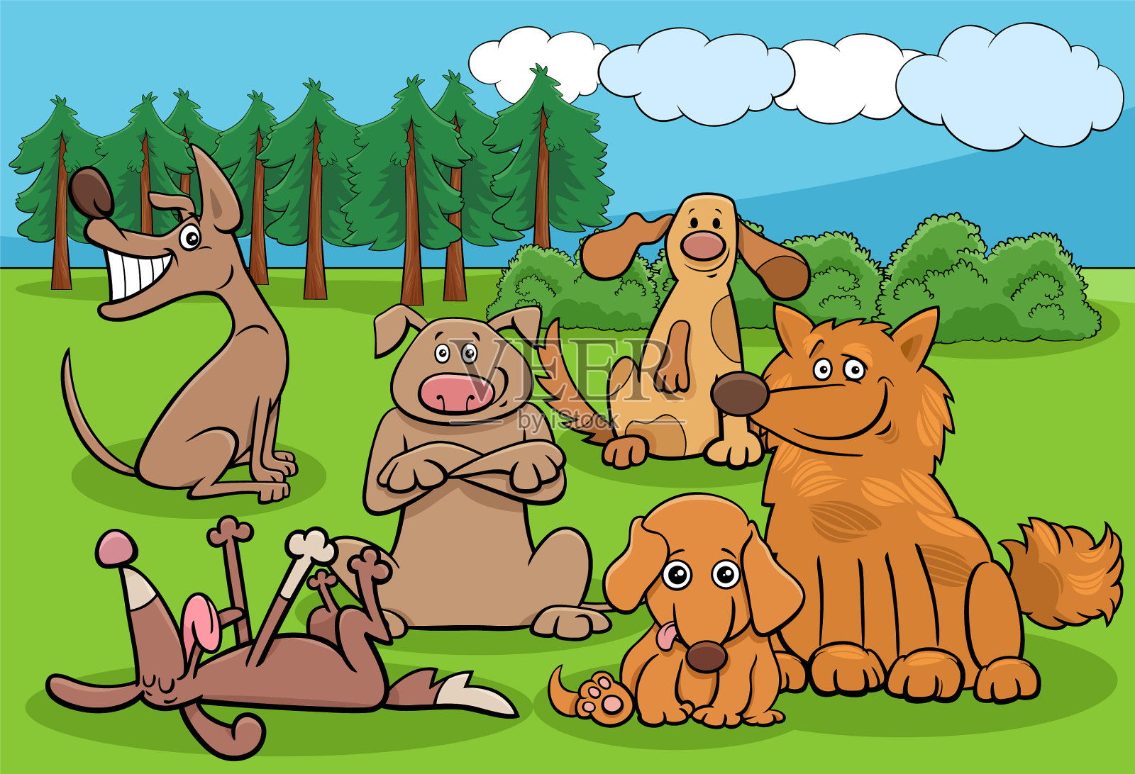 卡通狗和有趣的人物聚集在公园里插画图片素材