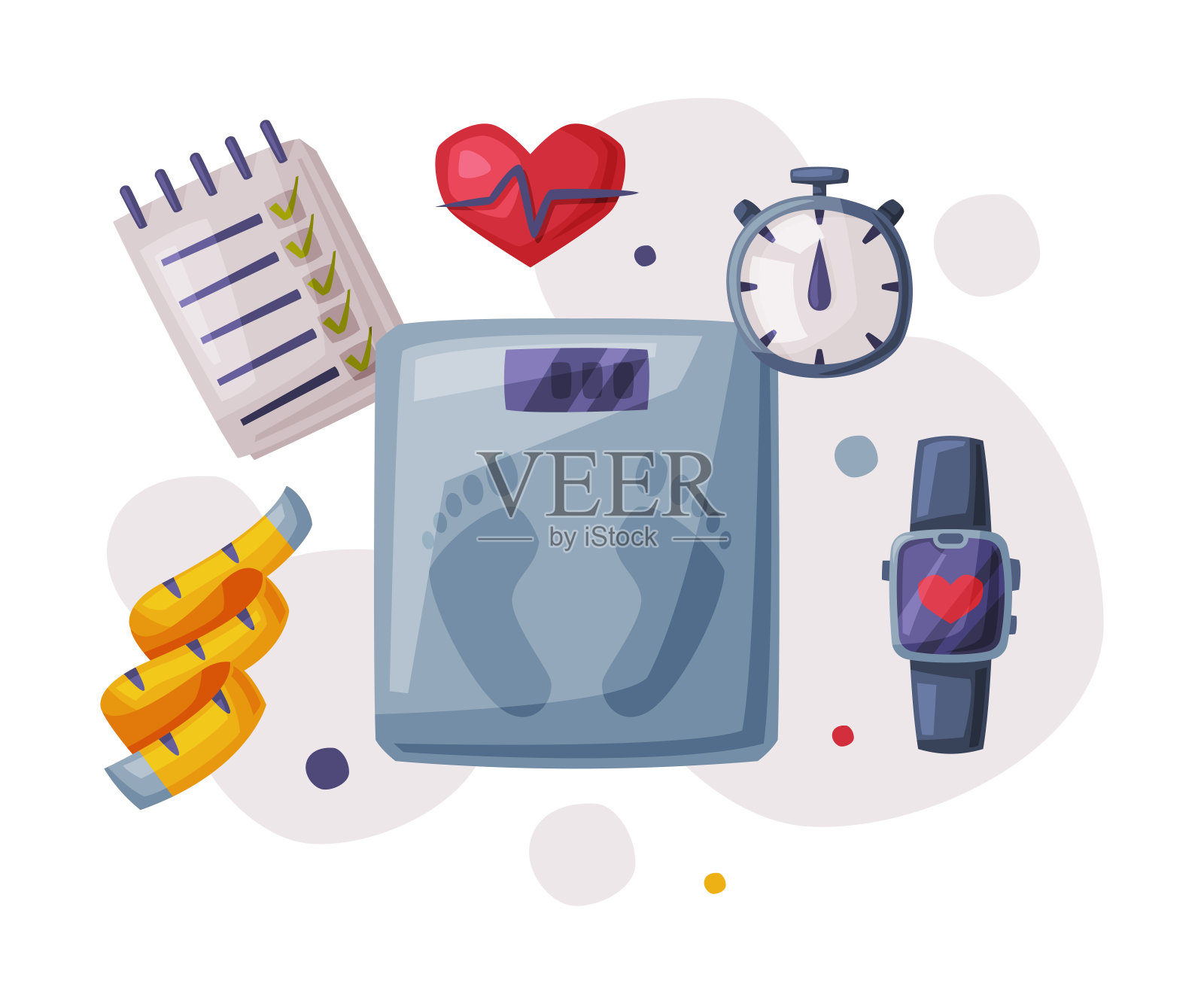 采购产品运动和健康的生活方式对象，天平，卷尺，秒表，智能手表卡通风格矢量插图插画图片素材