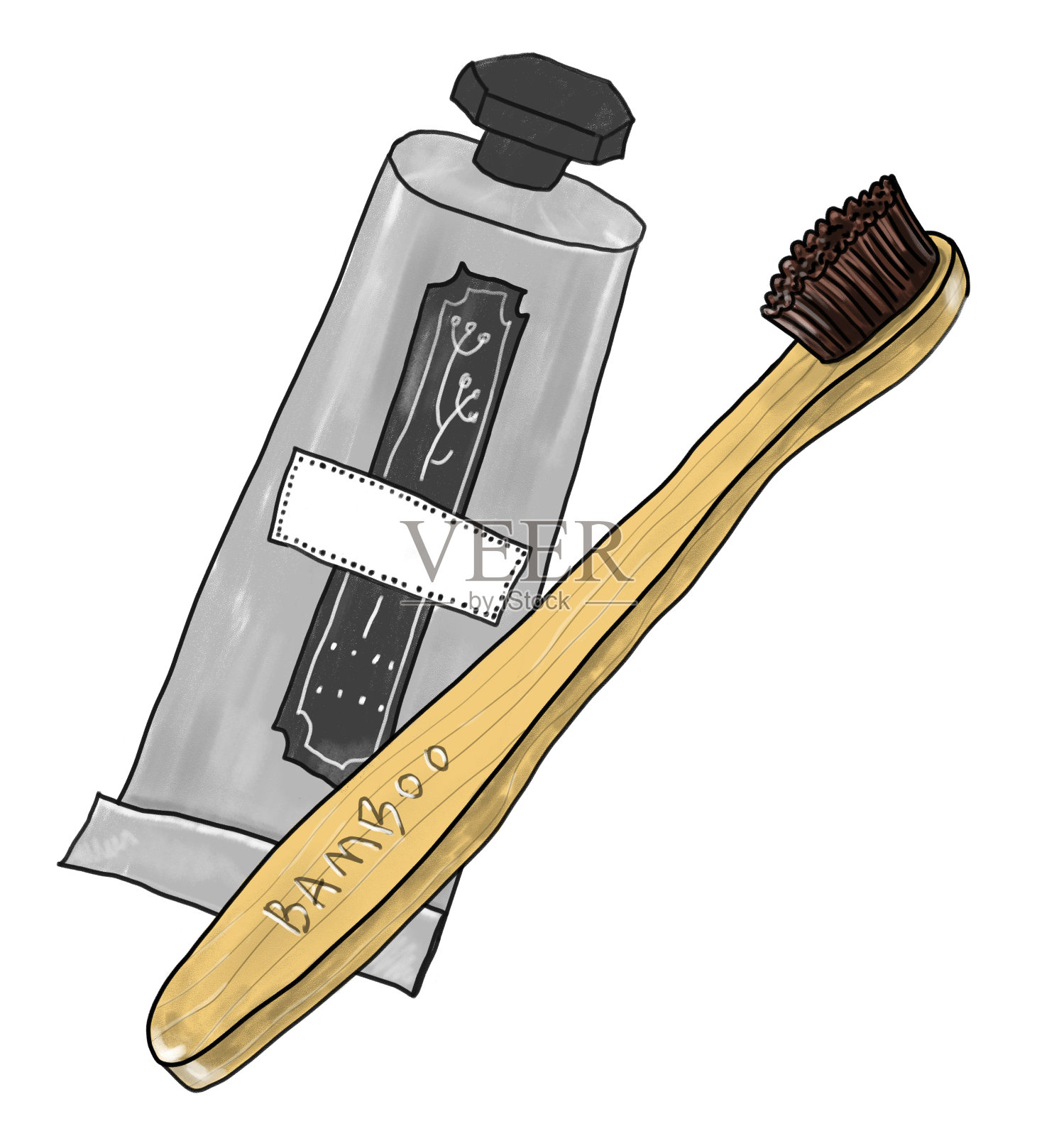 铝牙膏管与竹牙刷插画图片素材
