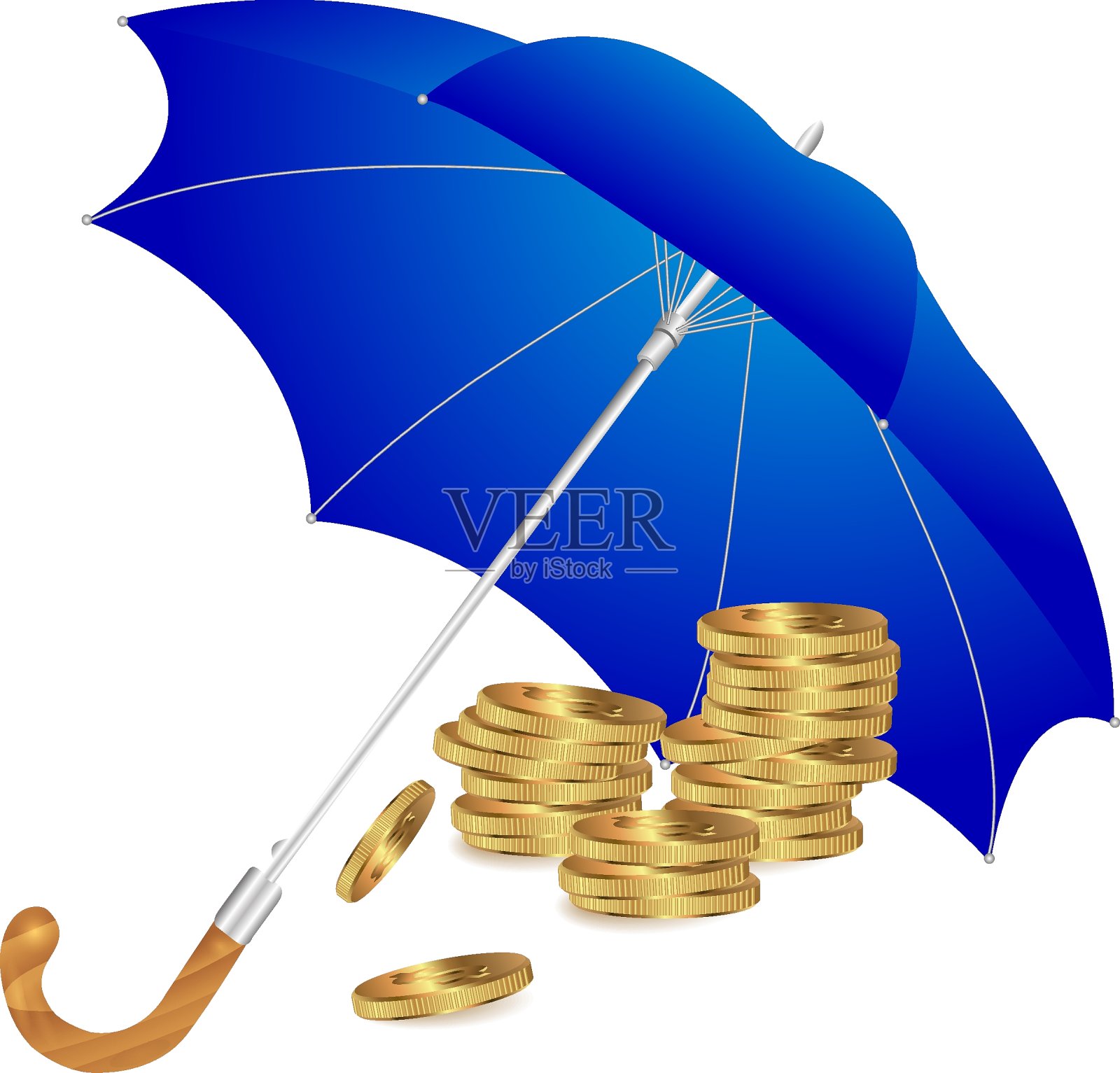 伞下的一堆金币。经典优雅的开伞孤立在白色背景上。概念设计用伞。矢量插图。秋天的本性。设计元素图片