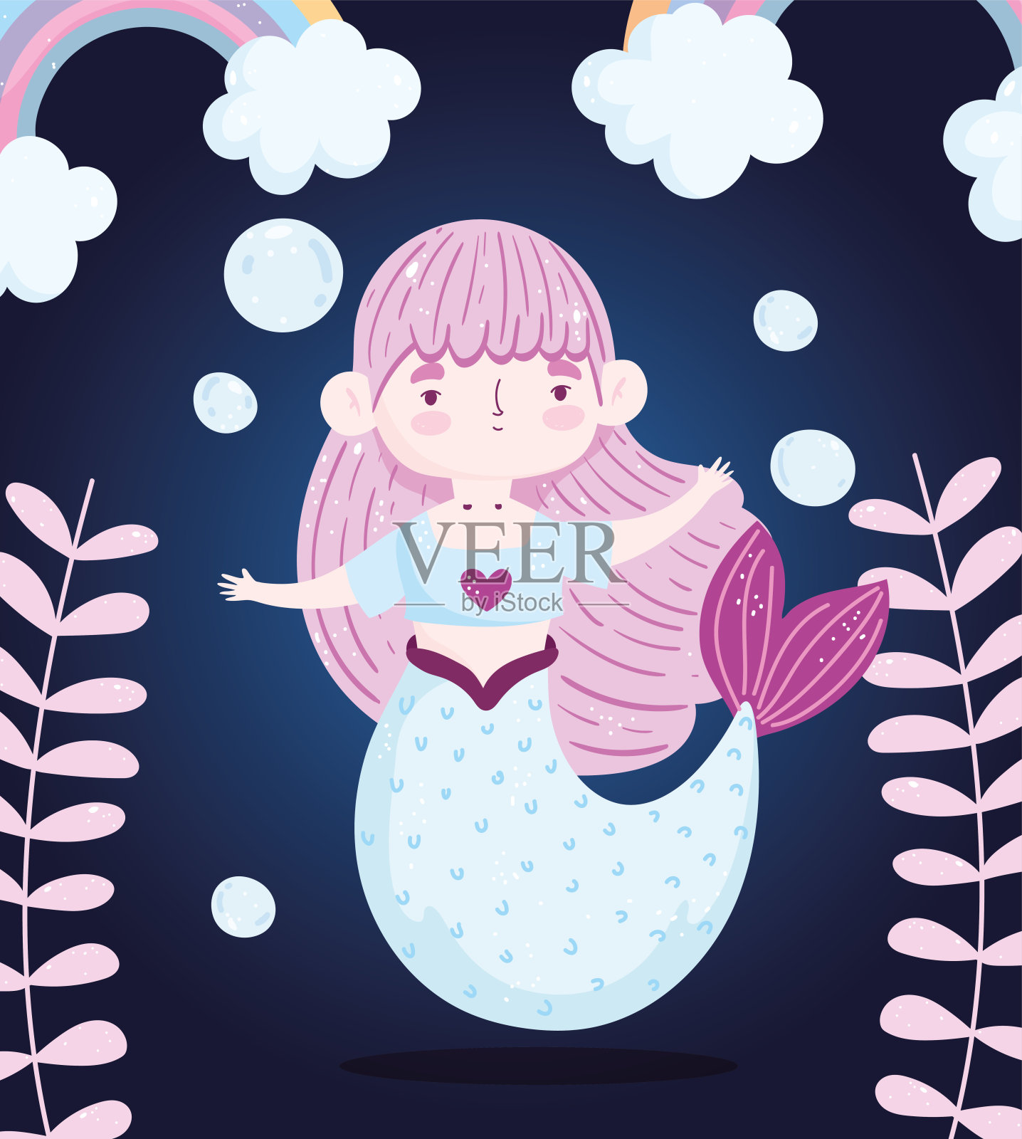 可爱的小美人鱼幻想彩虹泡泡和海藻卡通黑色背景插画图片素材