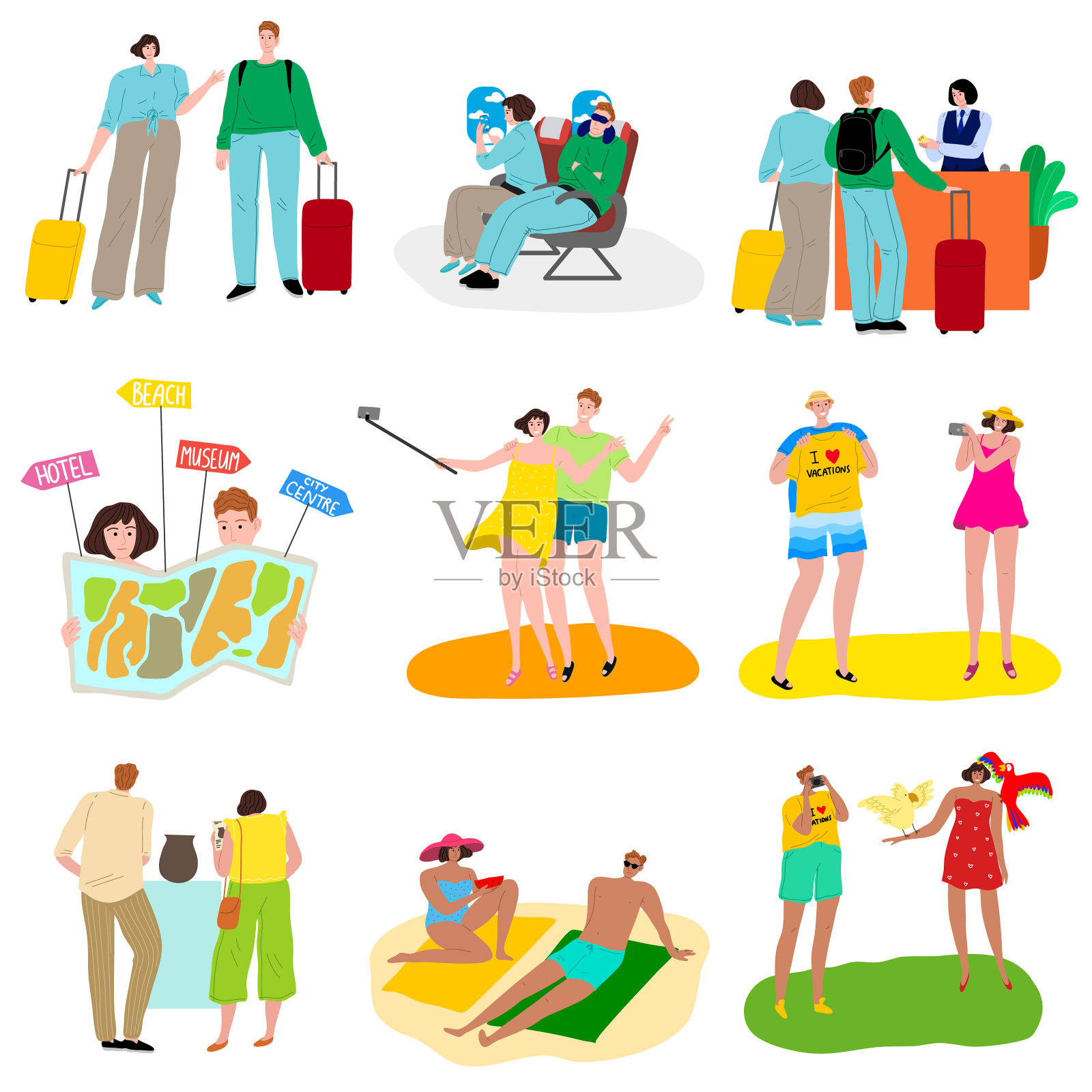 不同的人在不同的旅行插画图片素材