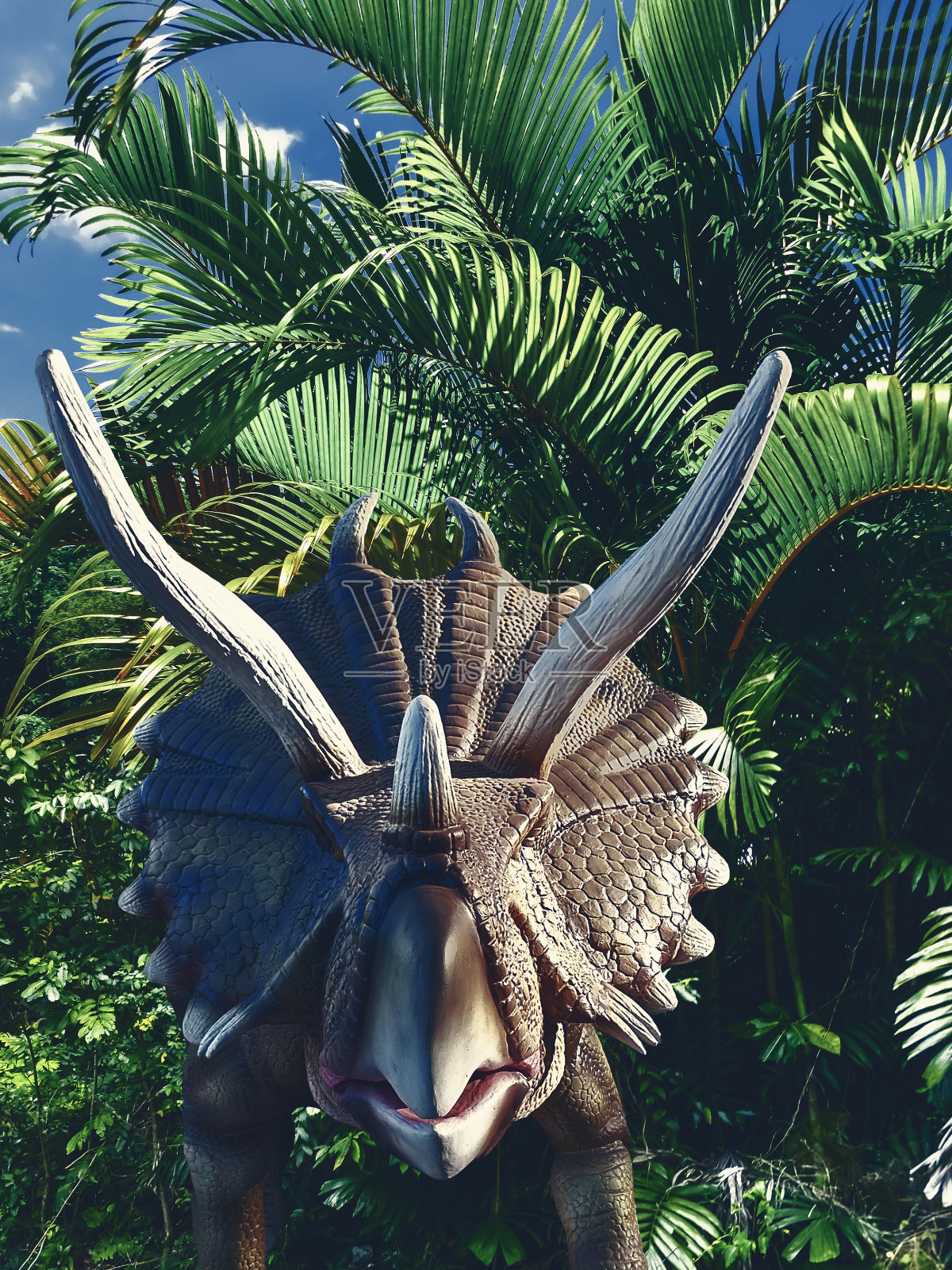 森林里的恐龙和绿蕨照片摄影图片