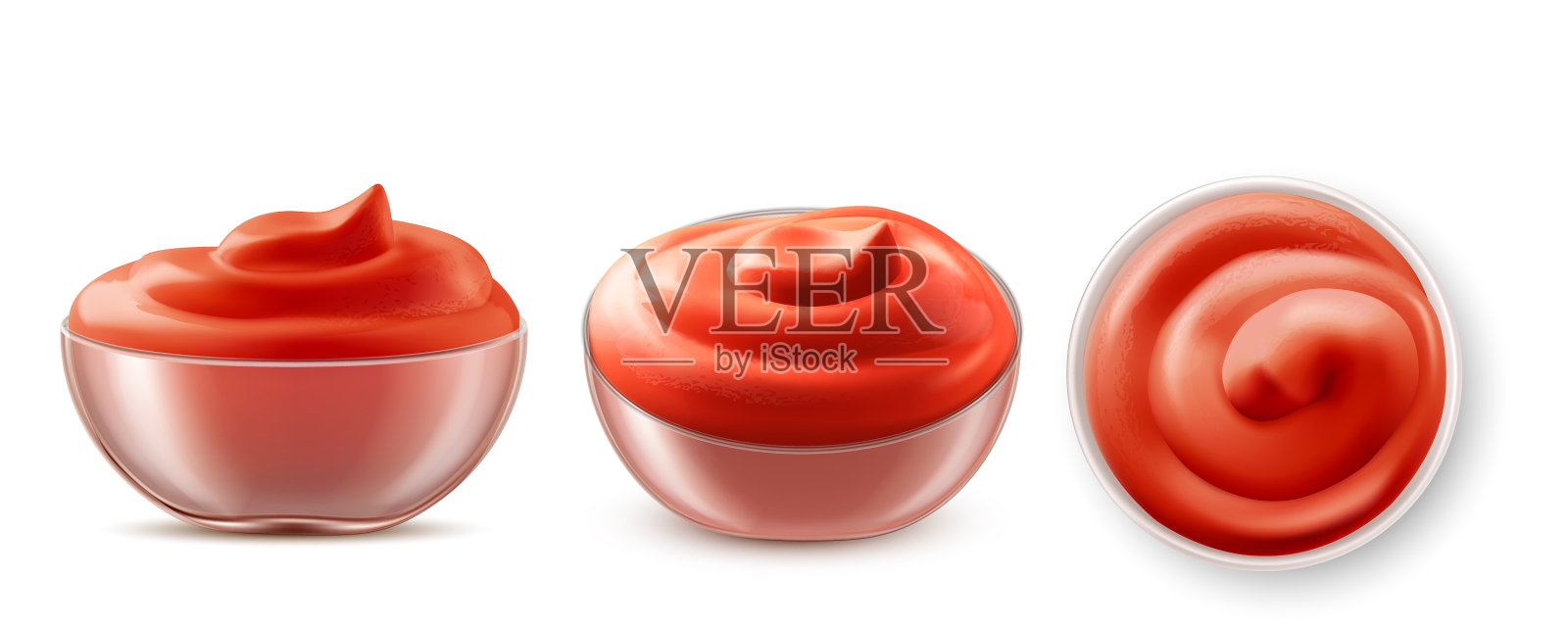 番茄酱在碗顶部和侧面孤立设置图标素材