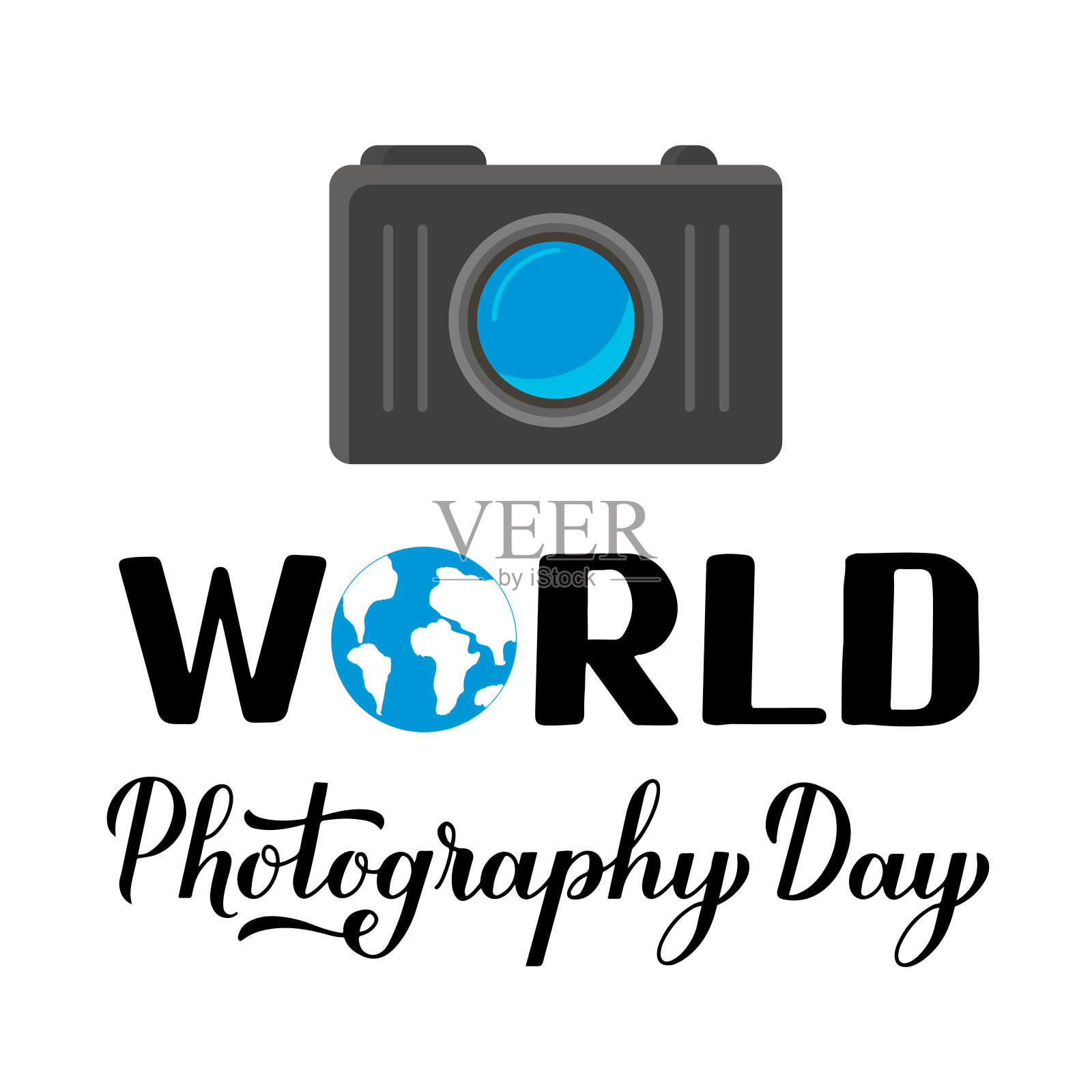 世界摄影日书法、手写体和相机孤立在白色上。矢量模板的设计，旗帜，排版海报，贺卡，传单，贴纸等插画图片素材