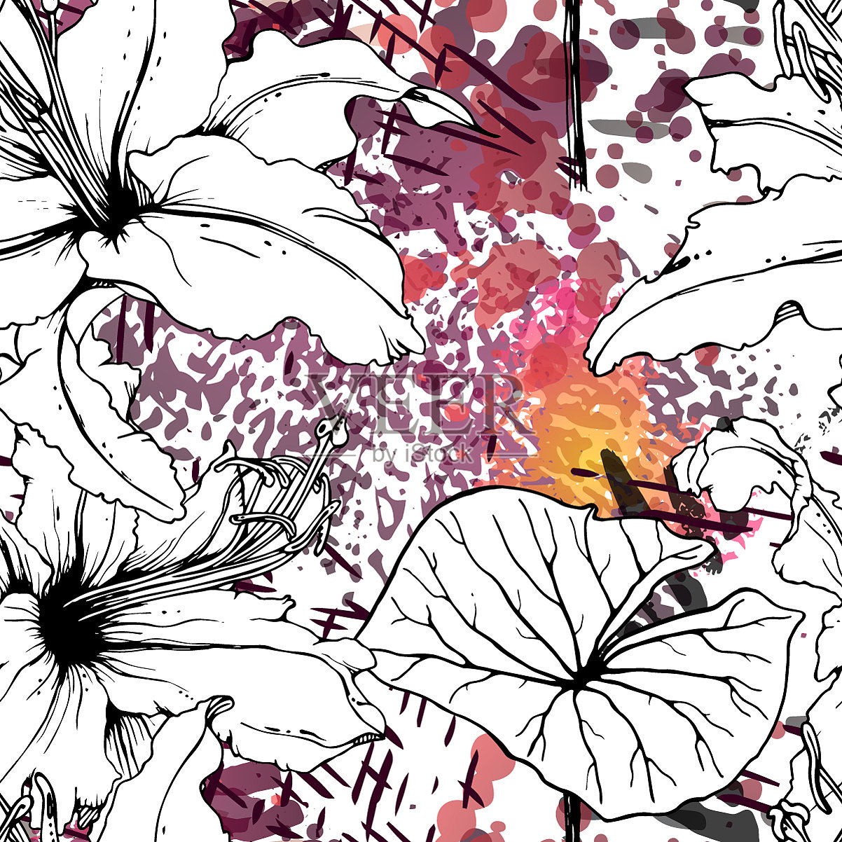 花卉黑白图案现代水彩画插画图片素材