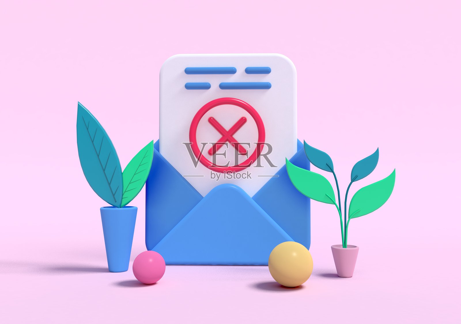 3d渲染，商务电子邮件。打开带有十字标记的信封。不合格的合同，文件取消，未核实。照片摄影图片