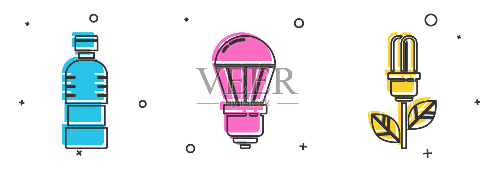 设置瓶装水、led灯泡和电灯泡图标素材
